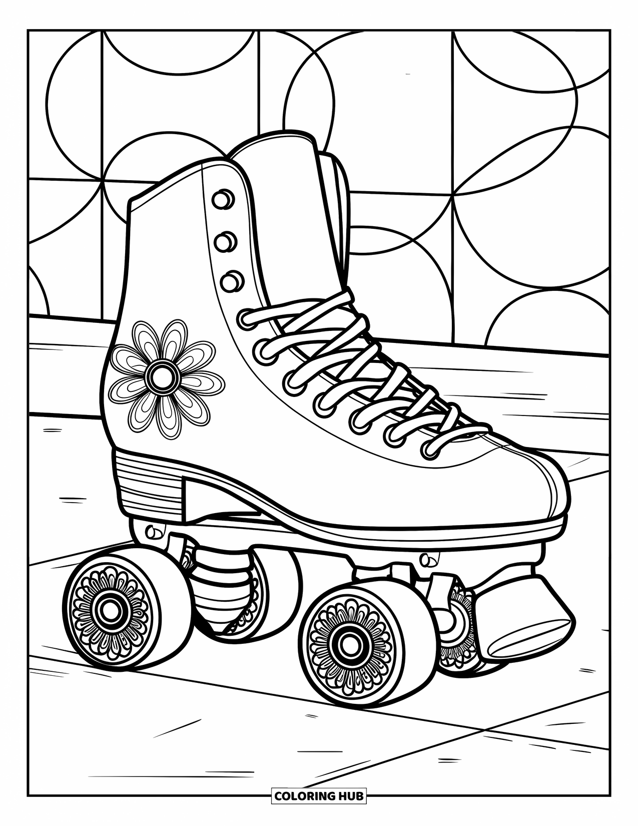 Retro Coloring Page for Adults: A roller skate with mandala wheels and a circular pattern