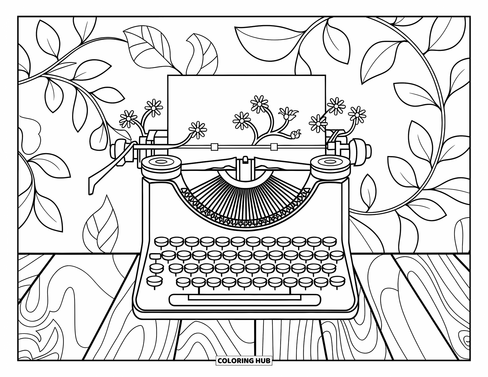 Retro Coloring Page for Adults: A vintage typewriter with vines growing through the keys