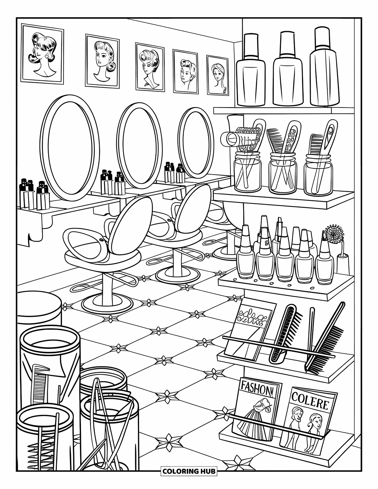 Retro Coloring Page for Kids: A 1960s beauty salon with dome dryers and oval mirrors
