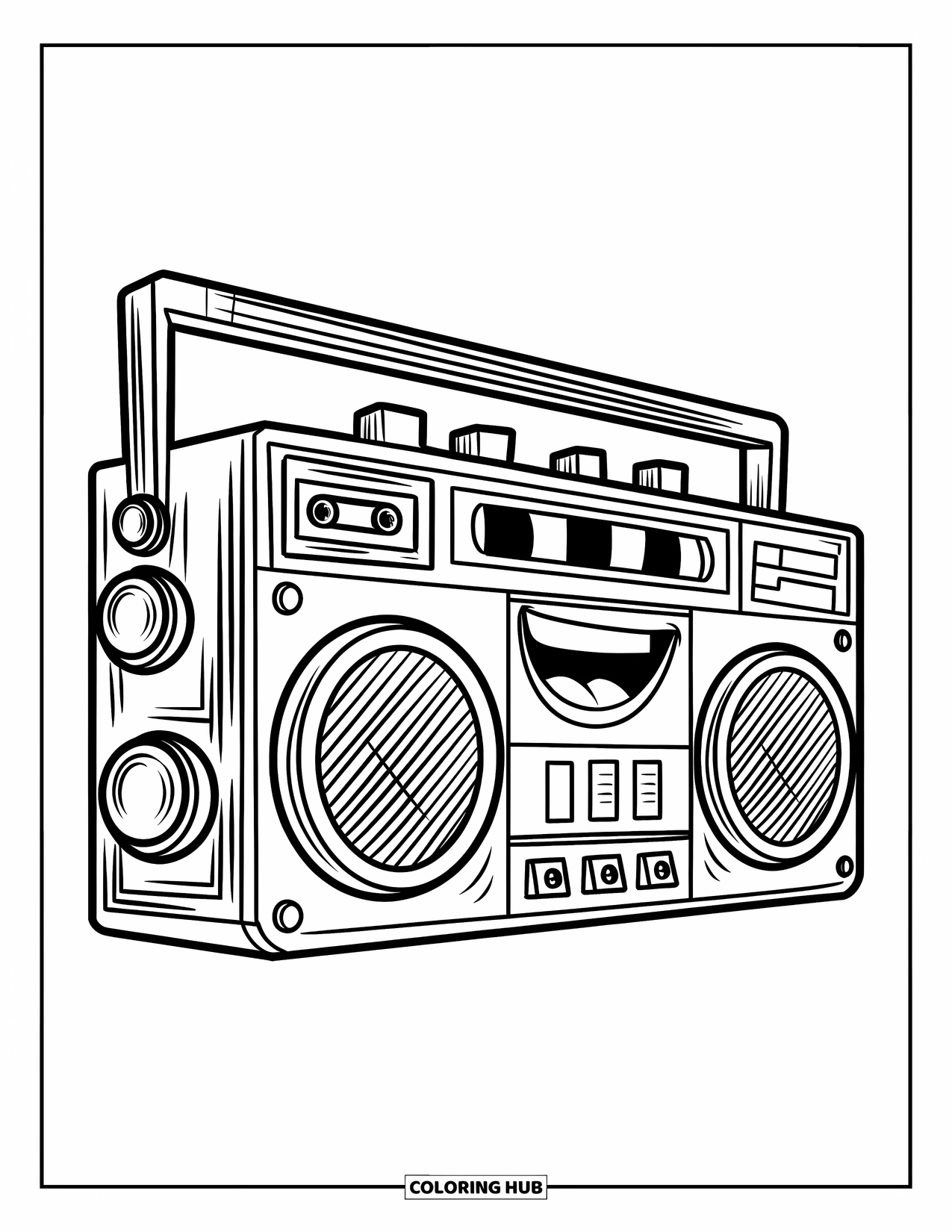 Retro Coloring Page for Kids: A cheerful boombox with round buttons and a cassette tape