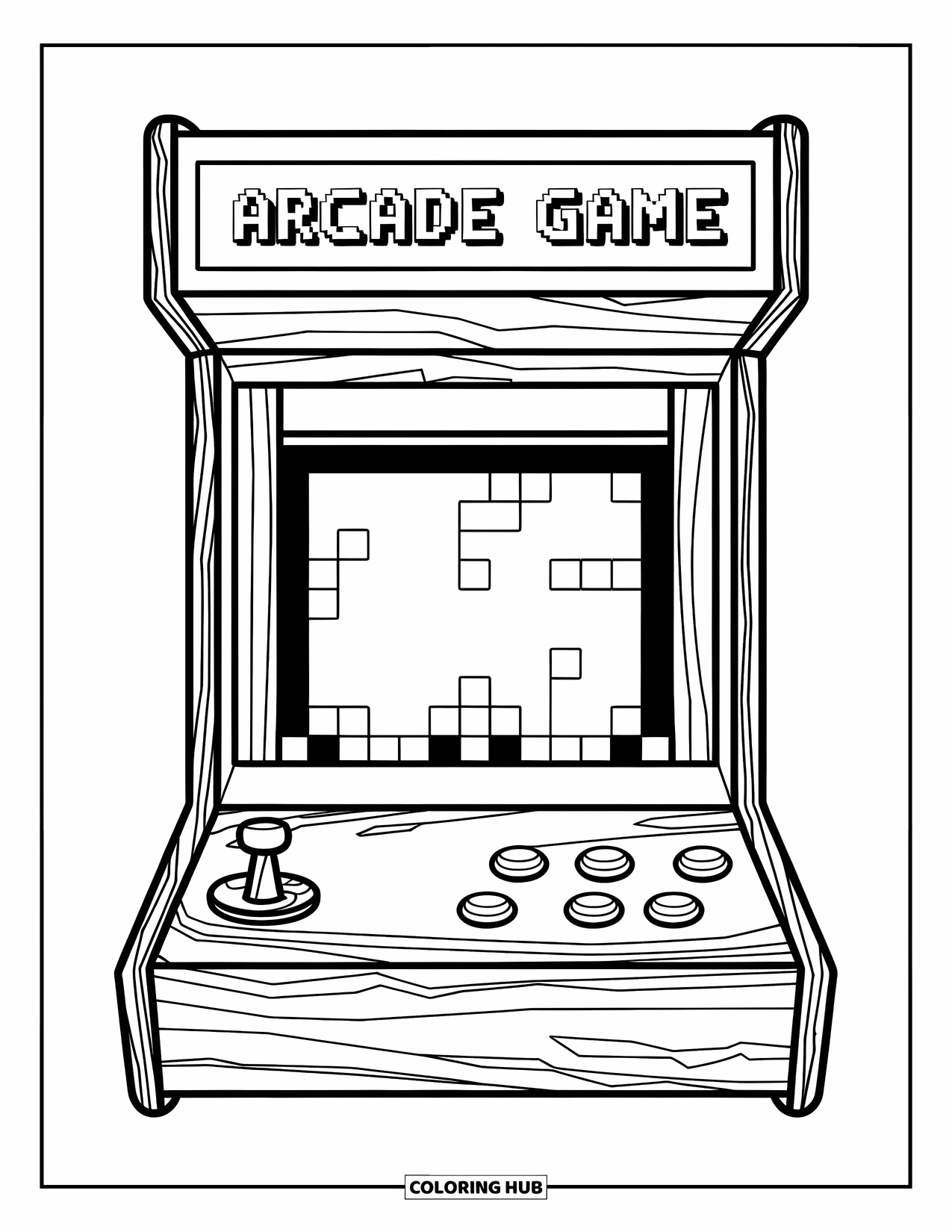 Retro Coloring Page for Kids: A classic arcade machine with buttons, joystick, and pixel screen