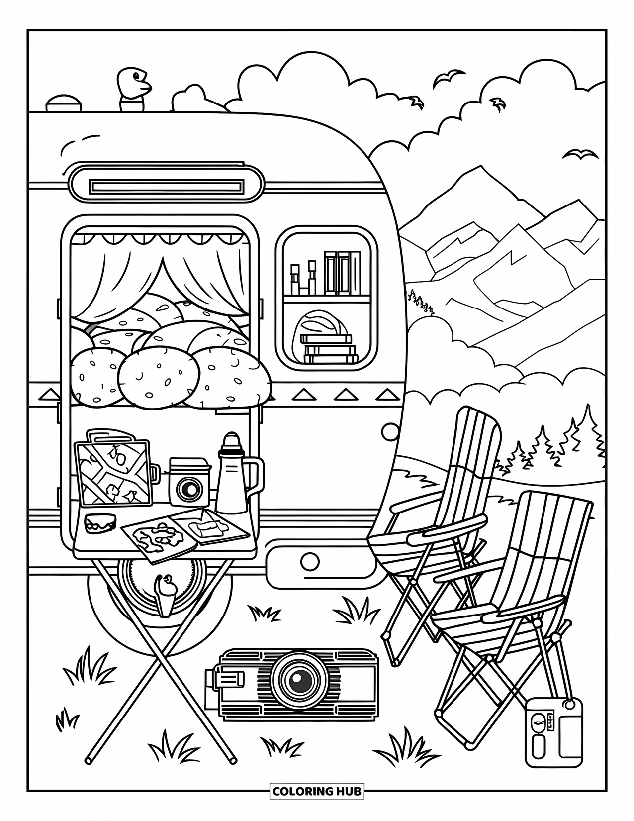 Retro Coloring Page for Kids: A decorated camper van parked beneath the mountains and clouds
