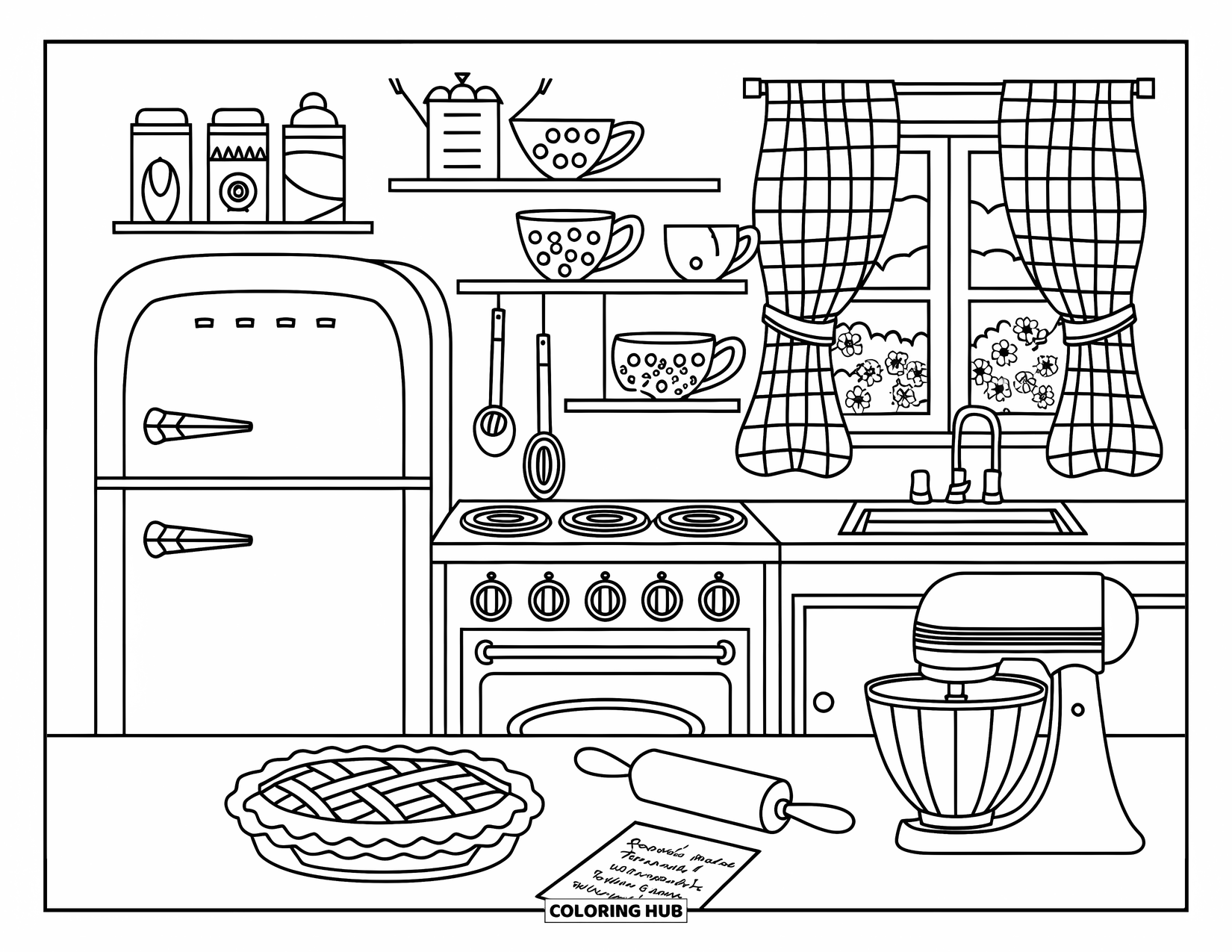 Retro Coloring Page for Kids: A happy kitchen scene with old-style appliances and a fresh pie