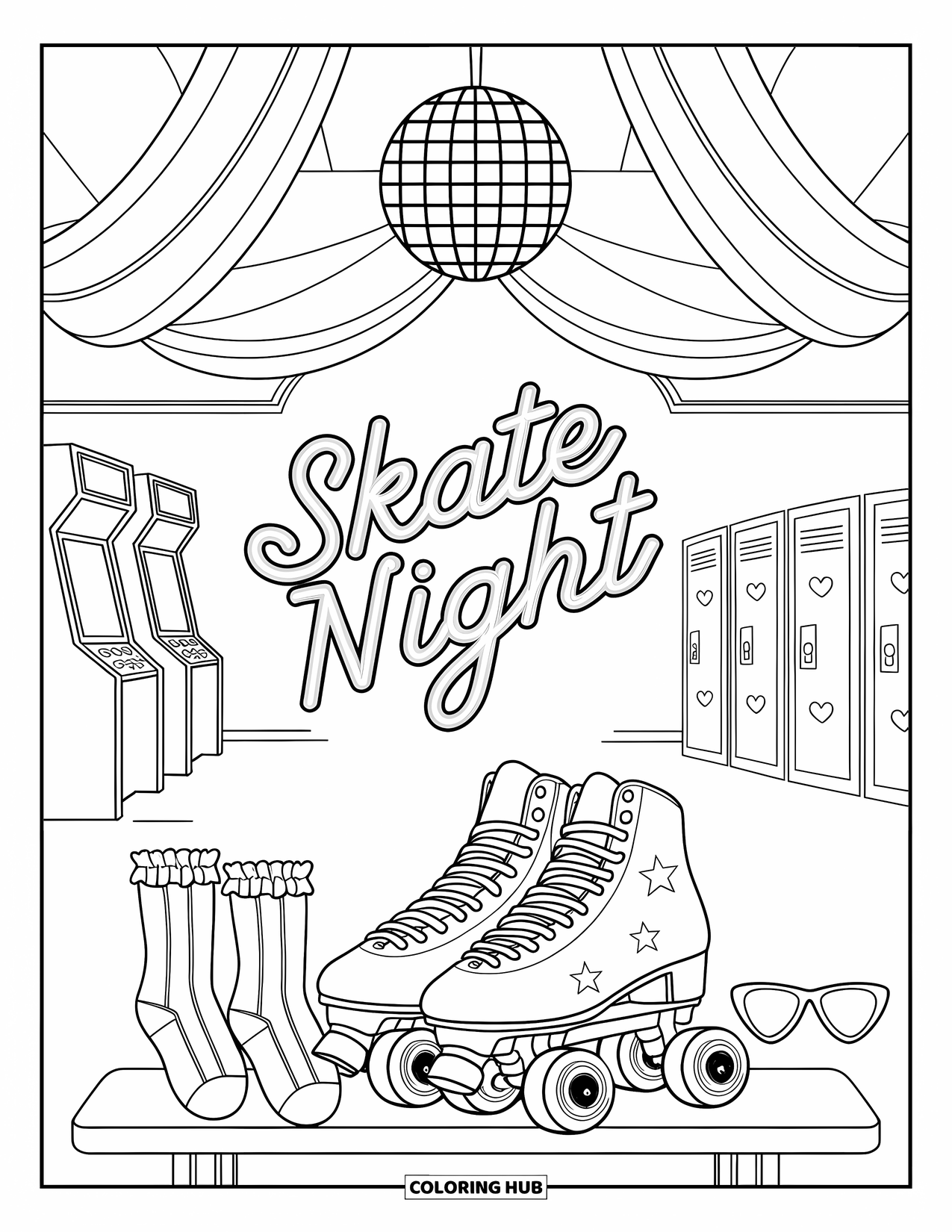 Retro Coloring Page for Kids: A lively roller rink with a disco ball, skates, and neon lights