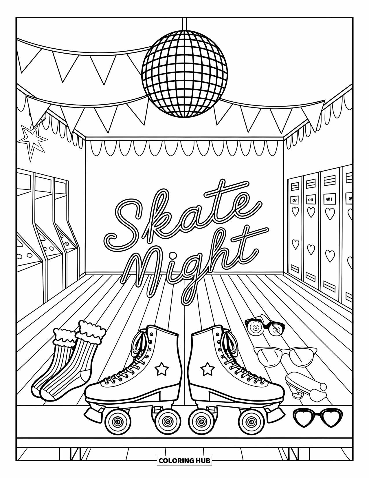 Retro Coloring Page for Kids: A nostalgic roller rink with skates, arcade machines, and music