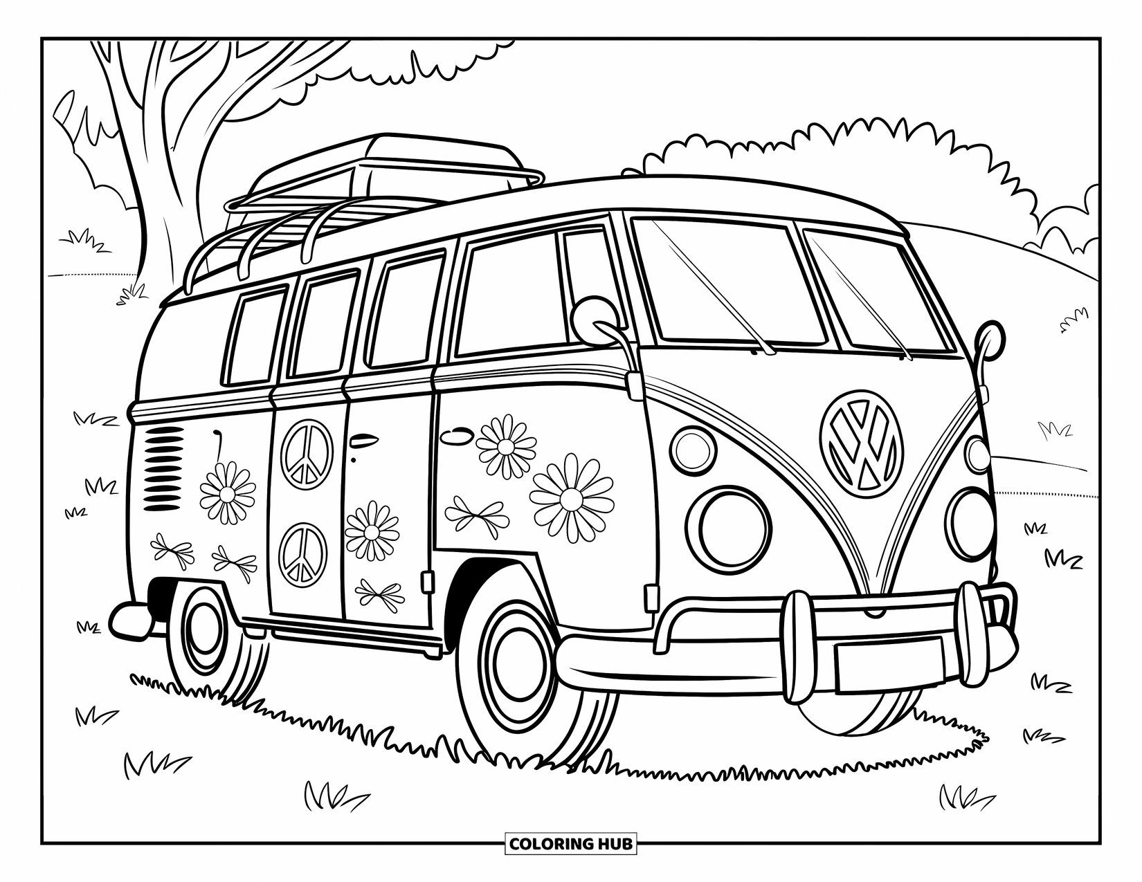 Retro Coloring Page for Kids: A peace-themed van with flower art parked in a grassy field