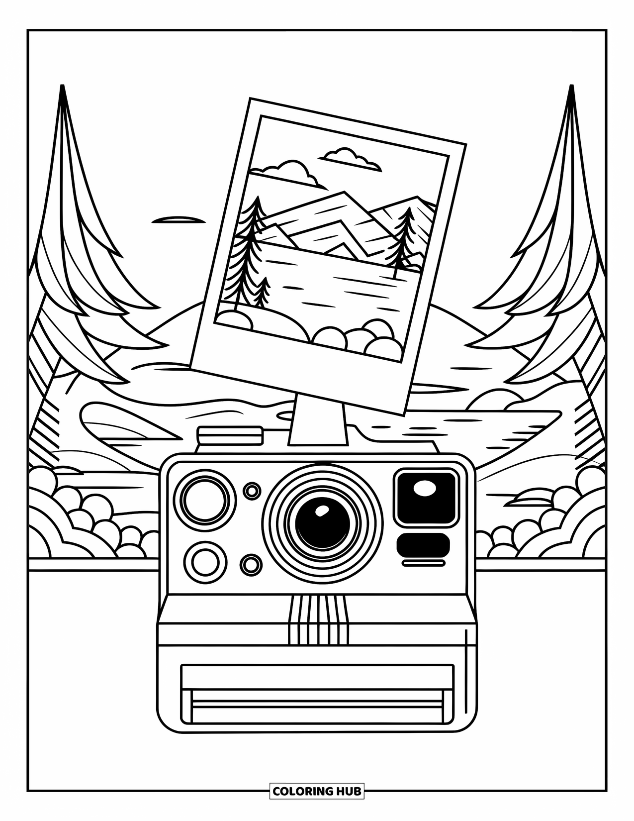 Retro Coloring Page for Kids: A Polaroid camera snapping a photo of a mountain view