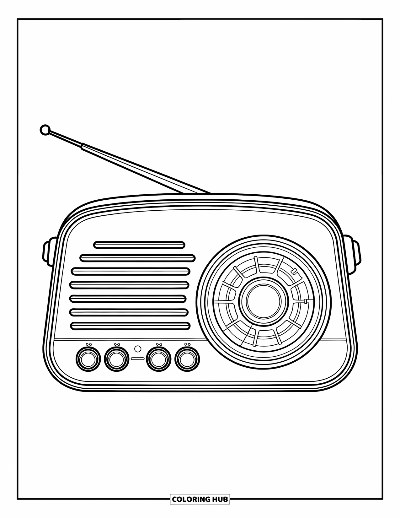 Retro Coloring Page for Kids: A radio with bold dials and an antenna in a vintage style