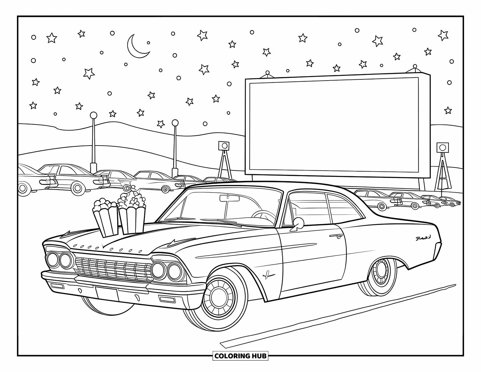 Retro Coloring Page for Kids: A retro car parked at a drive-in under a starry night sky
