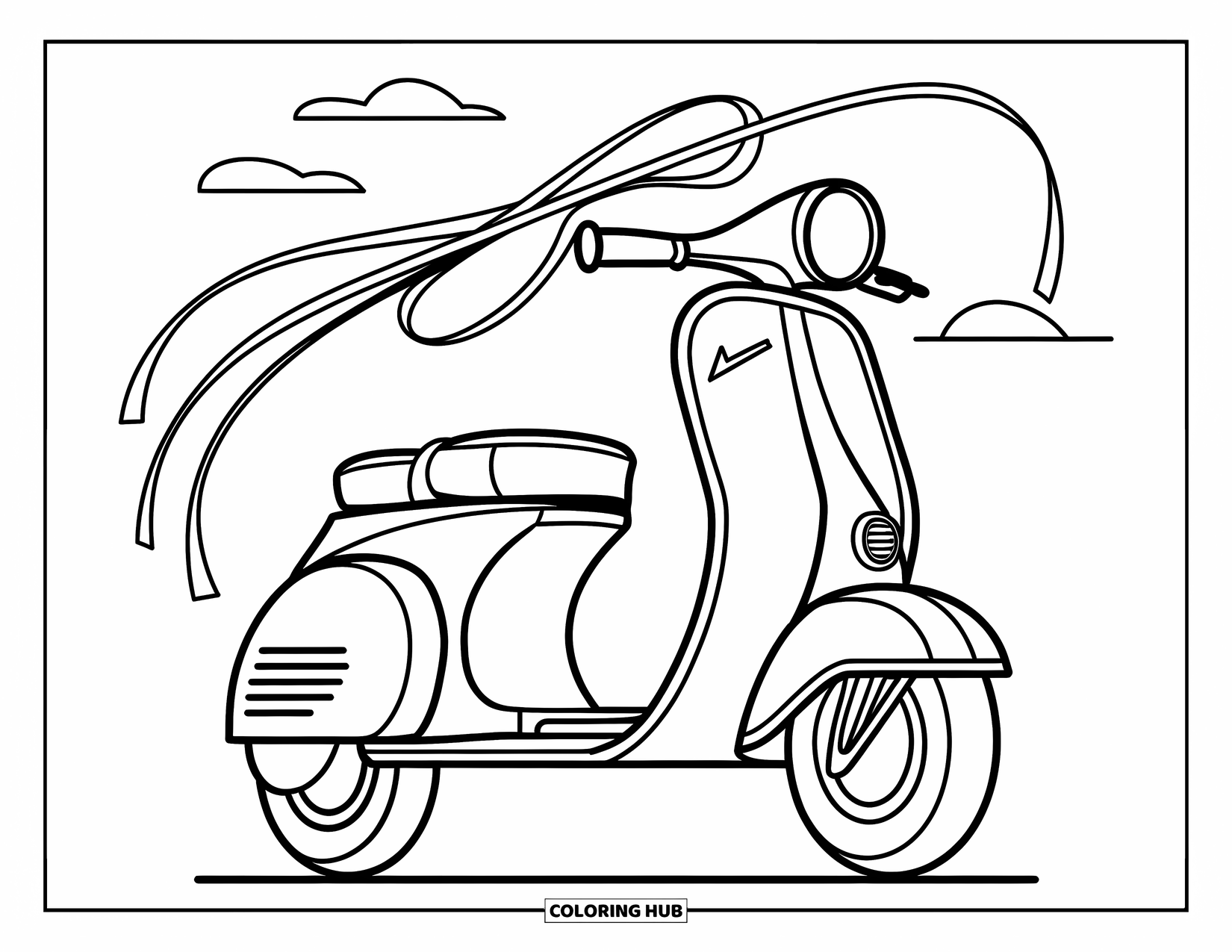 Retro Coloring Page for Kids: A retro scooter with curved handles and long flowing streamers