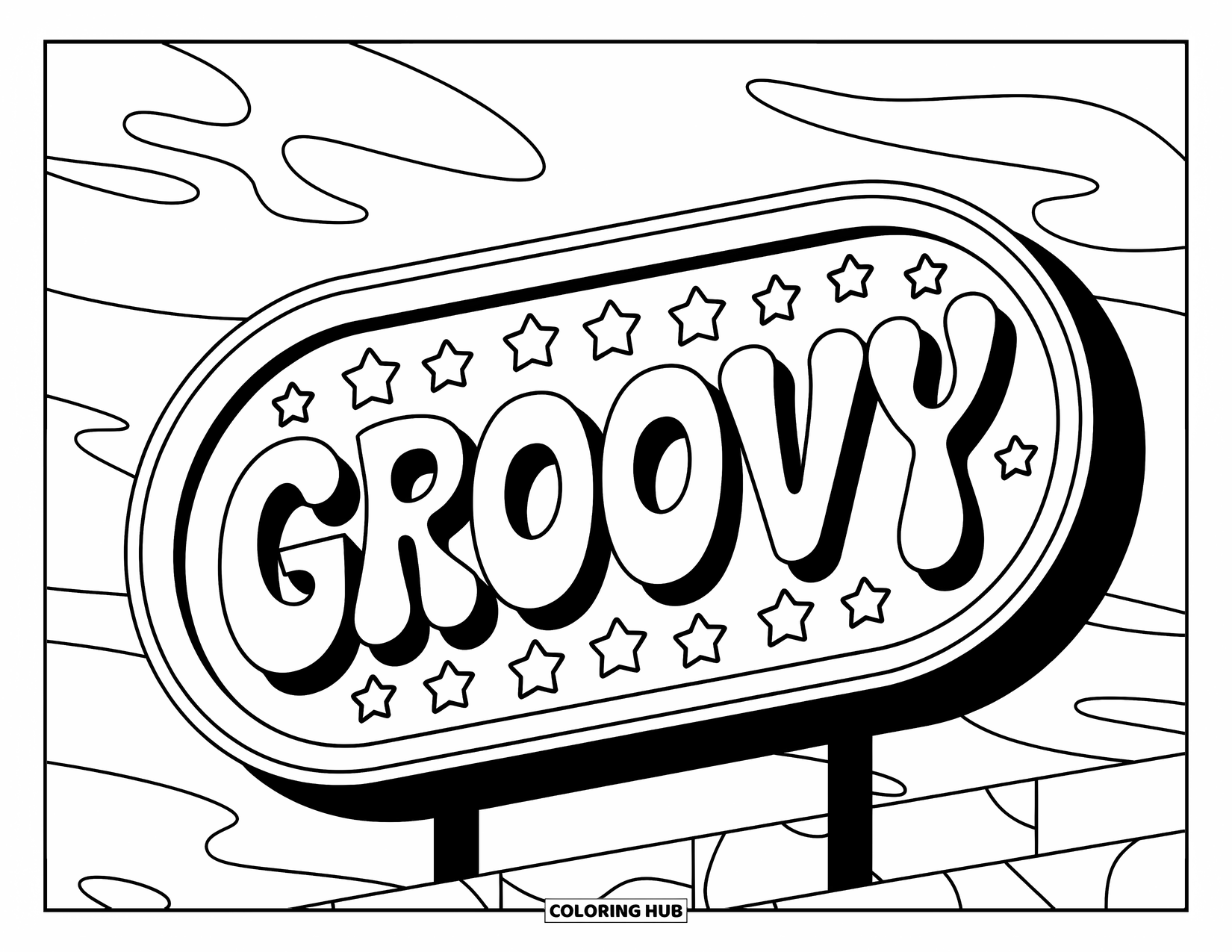 Retro Coloring Page for Kids: A retro sign reading "Groovy" surrounded by bright, playful stars