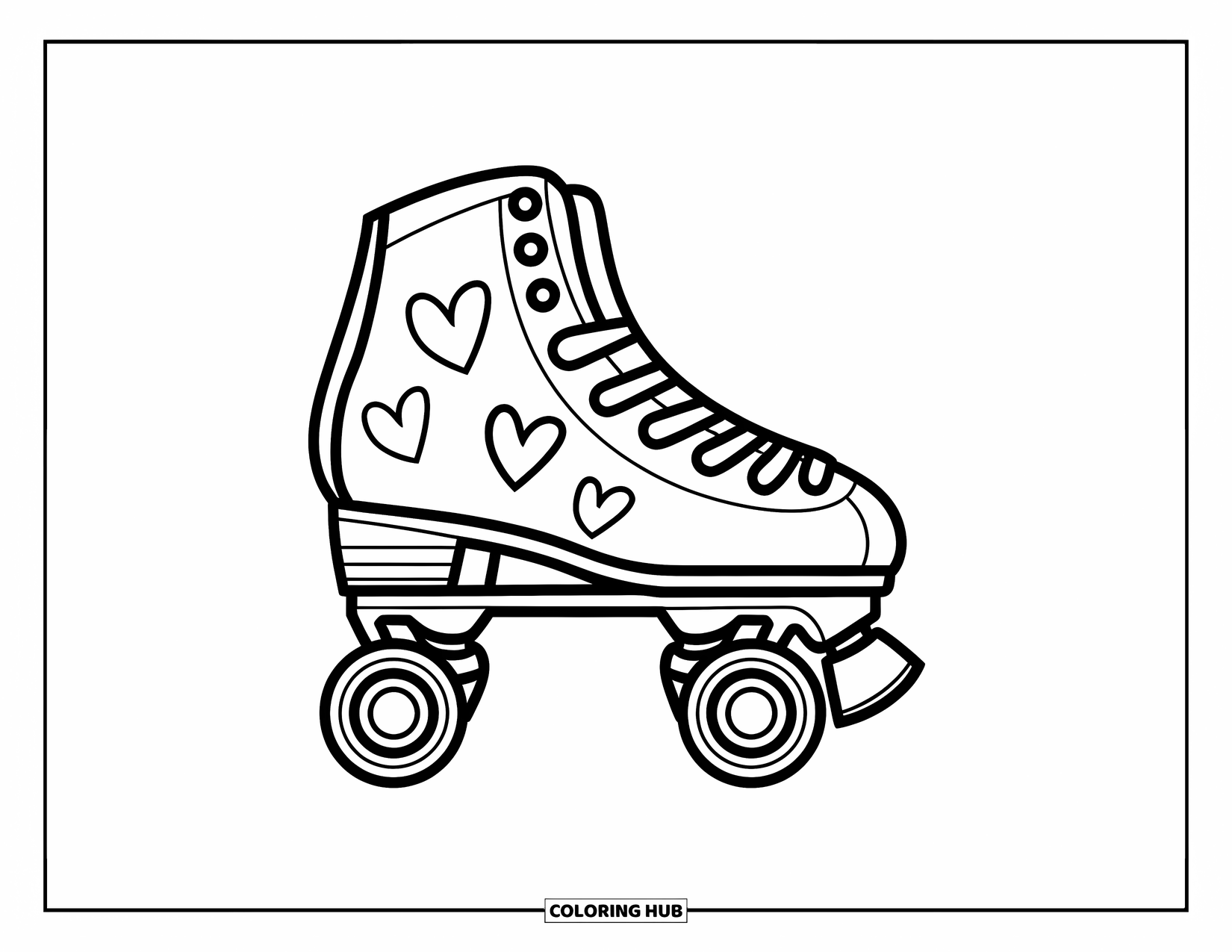 Retro Coloring Page for Kids: A retro skate with hearts and easy-to-color shapes for kids