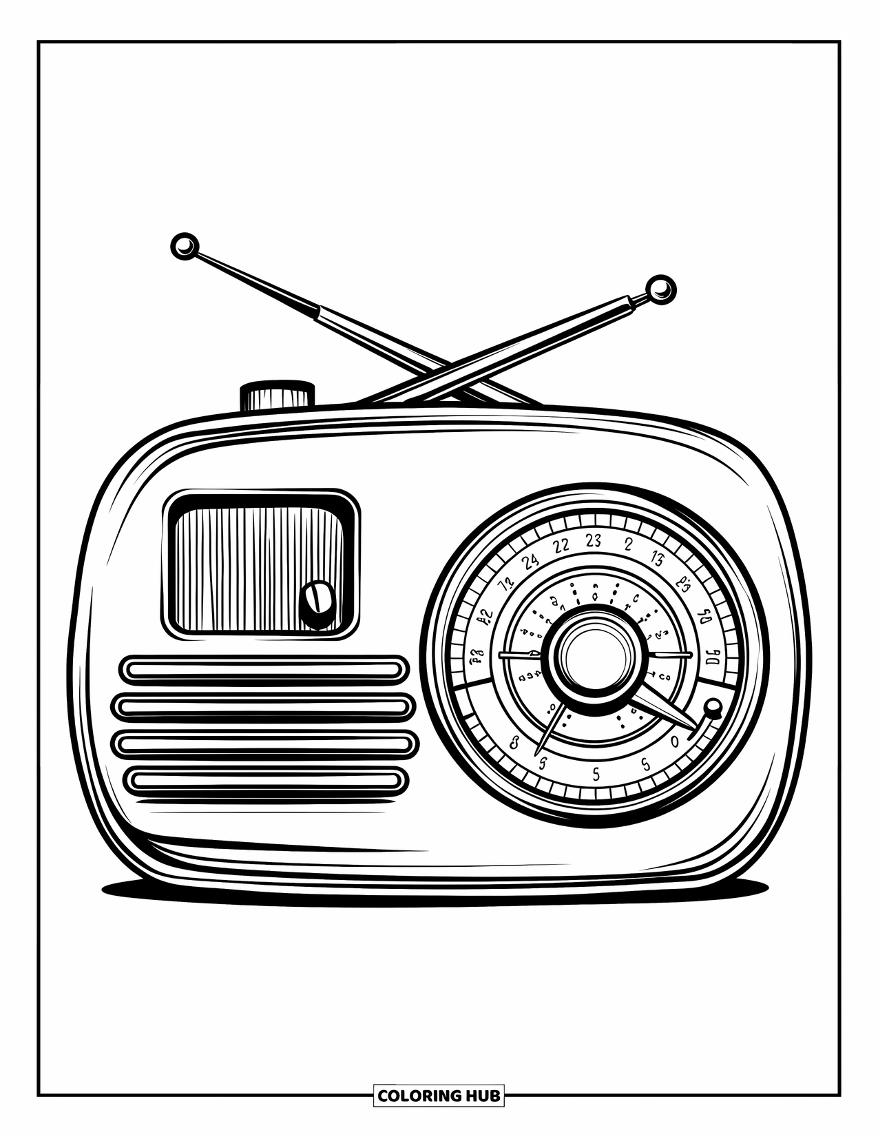 Retro Coloring Page for Kids: A round retro radio with dials, buttons, and a tall antenna