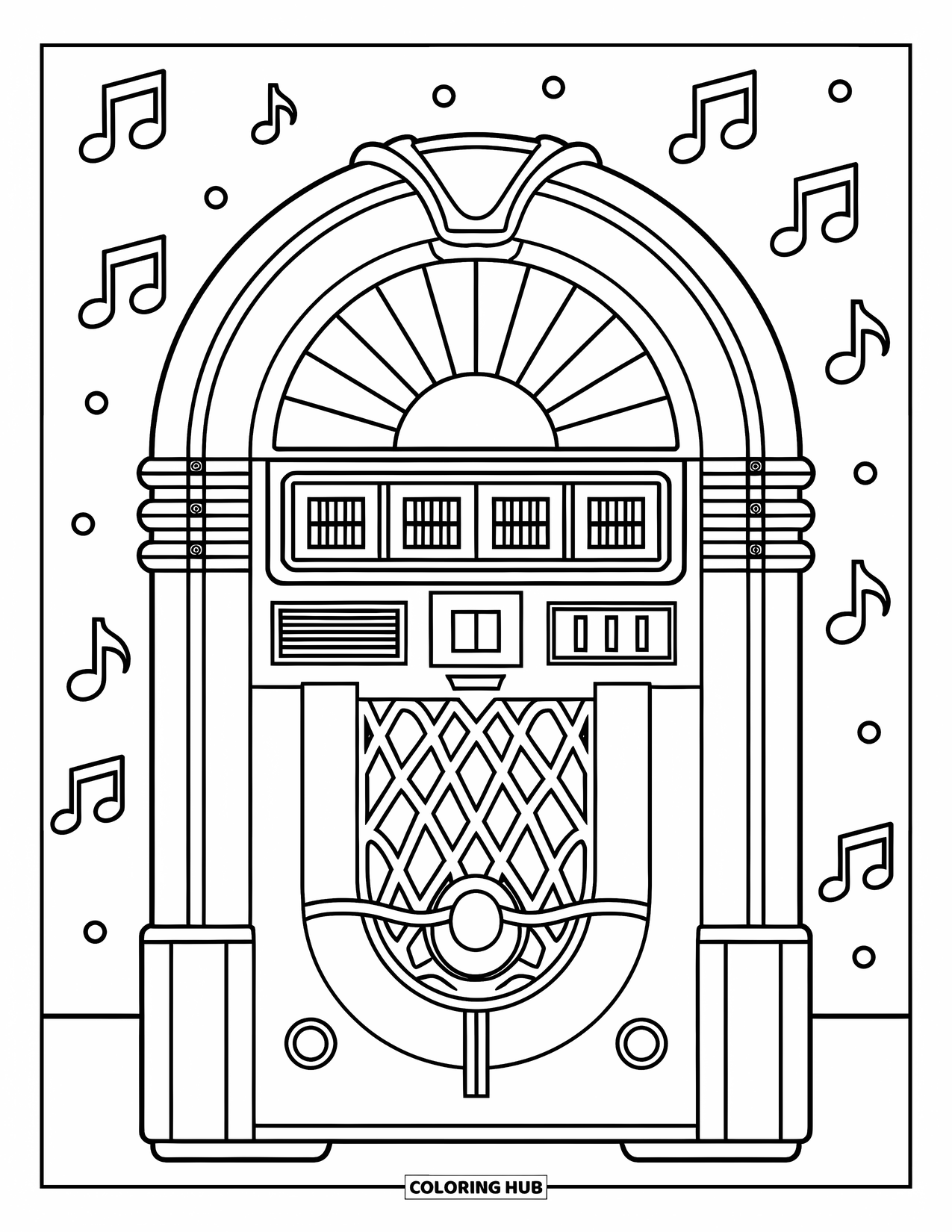 Retro Coloring Page for Kids: A rounded jukebox glowing with musical notes all around