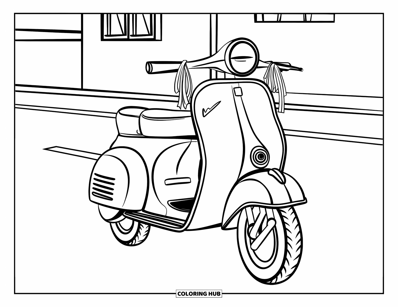 Retro Coloring Page for Kids: A scooter with streamers parked near a quiet roadside