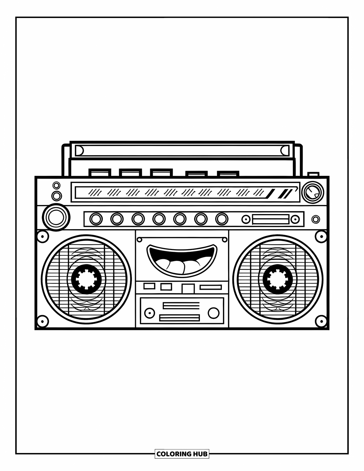 Retro Coloring Page for Kids: A smiling retro boombox with big buttons and cassette deck