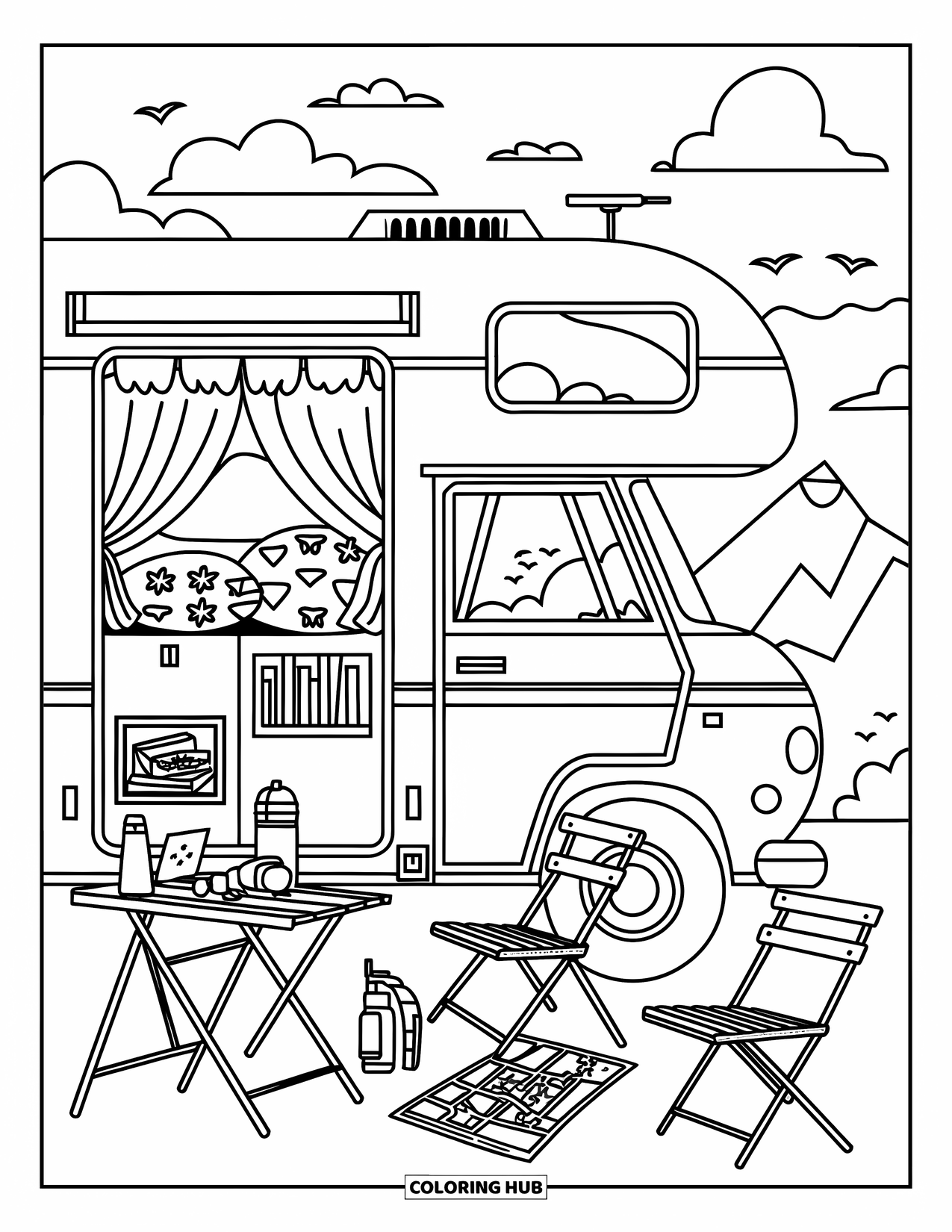 Retro Coloring Page for Kids: A van by a scenic view with folding chairs and camping gear