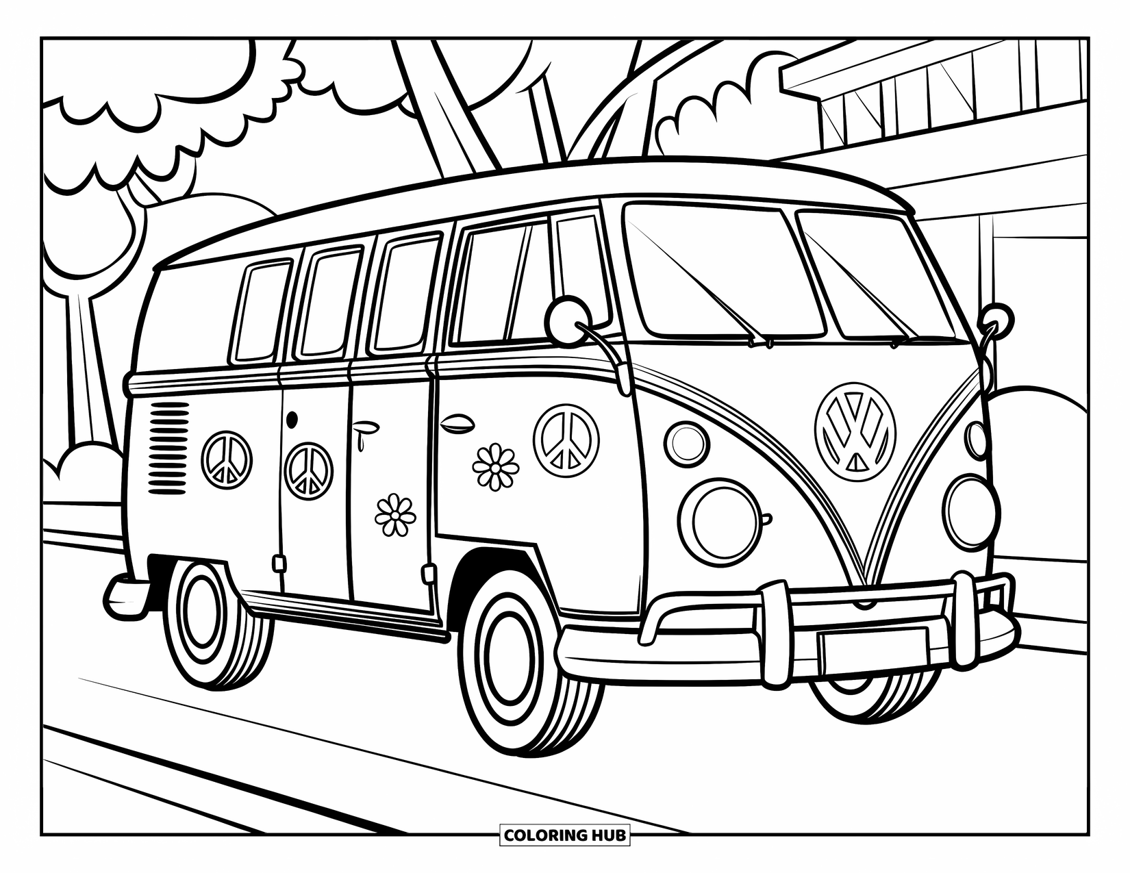 Retro Coloring Page for Kids: A VW hippie van covered in flowers parked on a quiet road
