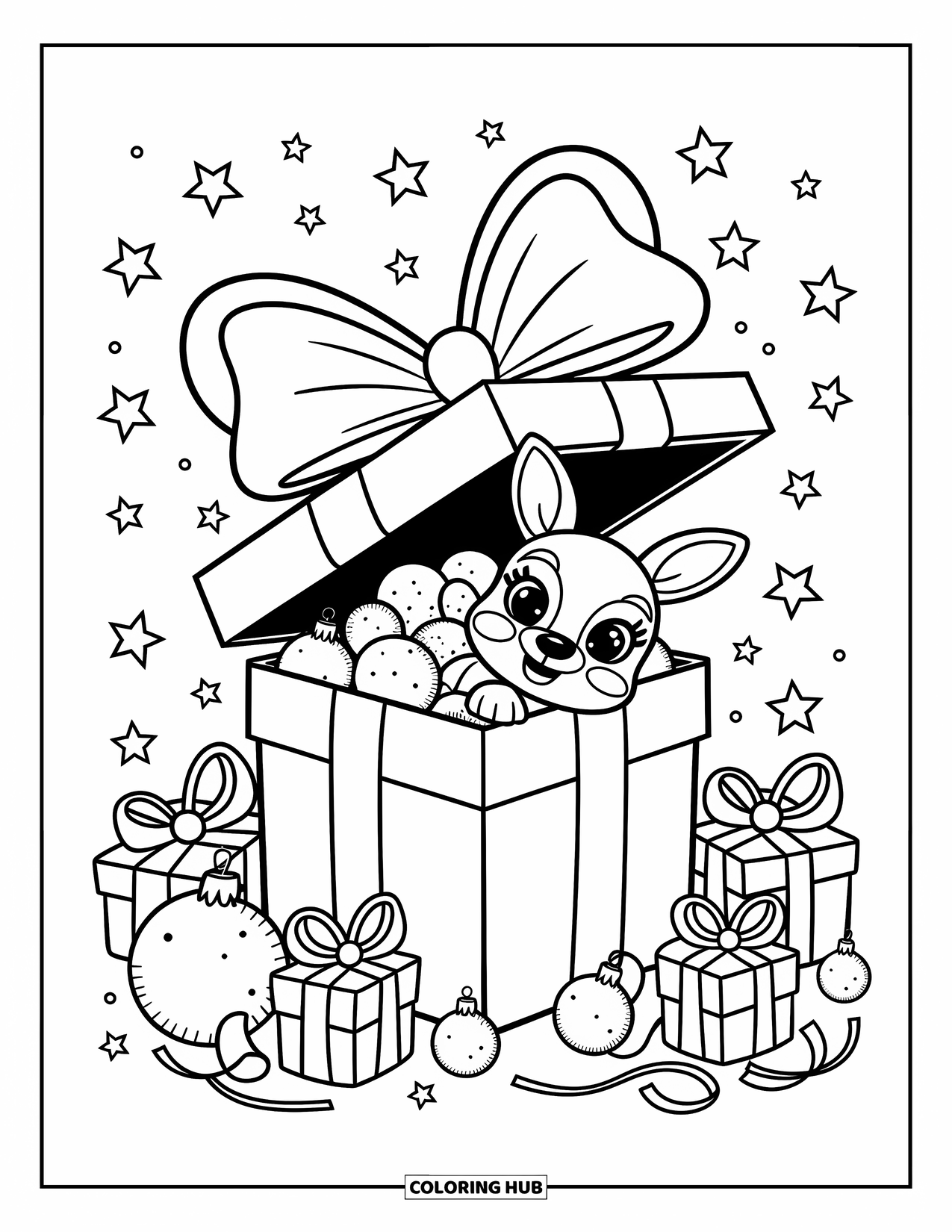 Santa And Reindeer Coloring Page for Adults: A playful reindeer hides behind a present among bows and glittering ornaments