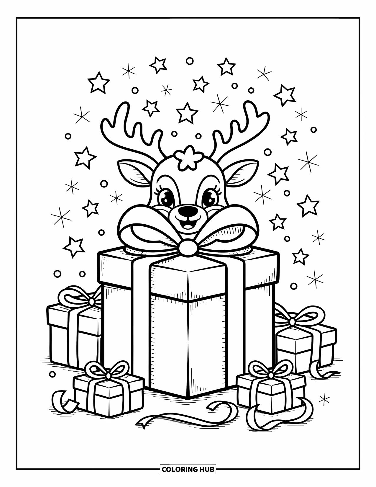 Santa And Reindeer Coloring Page for Adults: A reindeer curiously peeks out from behind a large, gift-wrapped box
