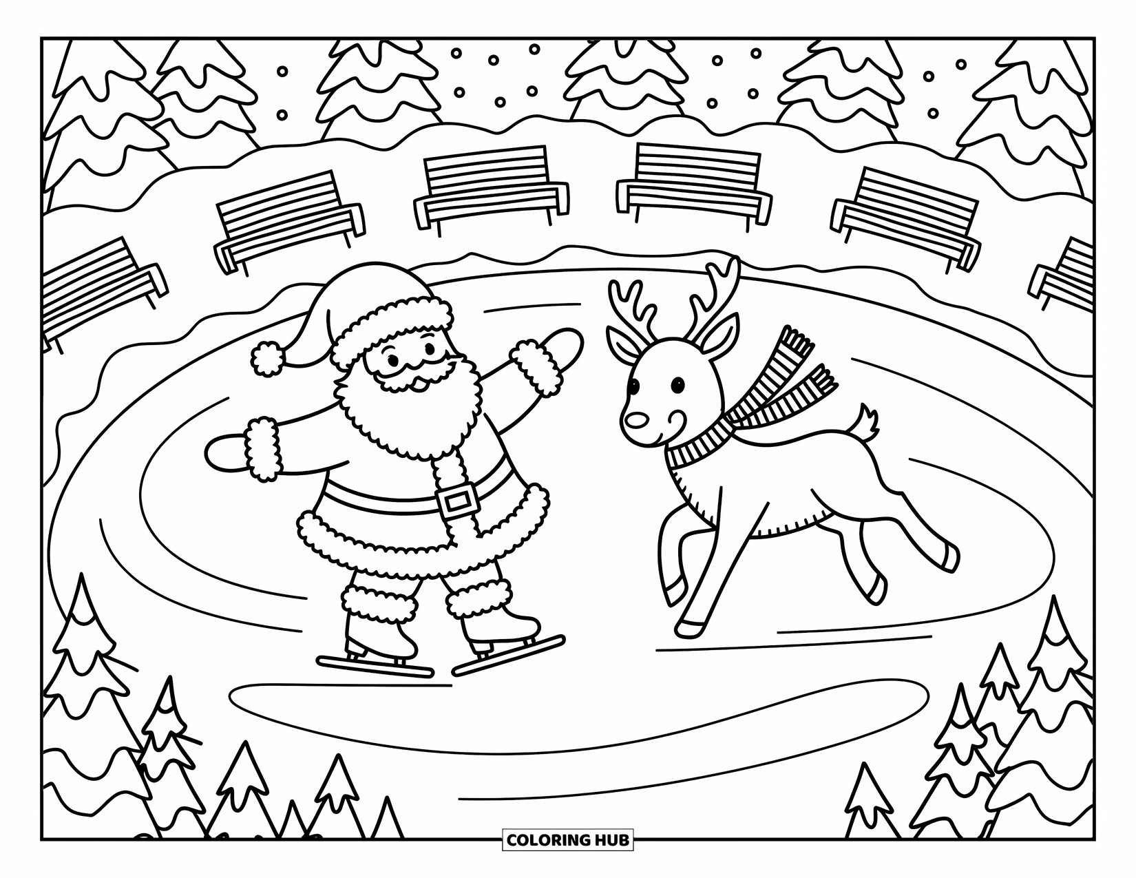 Santa And Reindeer Coloring Page for Adults: Santa and a reindeer enjoy ice skating under snowy trees and gentle winter light