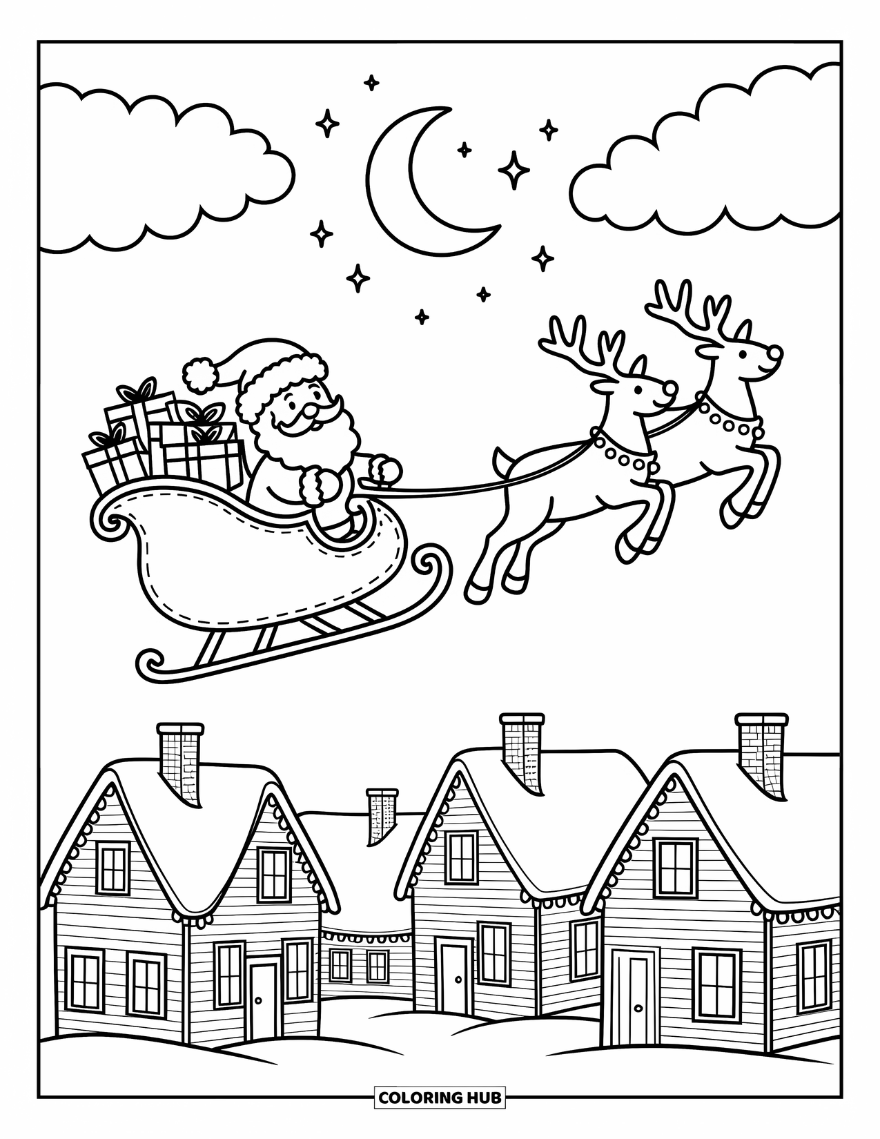 Santa And Reindeer Coloring Page for Adults: Santa flies through the sky in a sleigh with reindeer above twinkling rooftops
