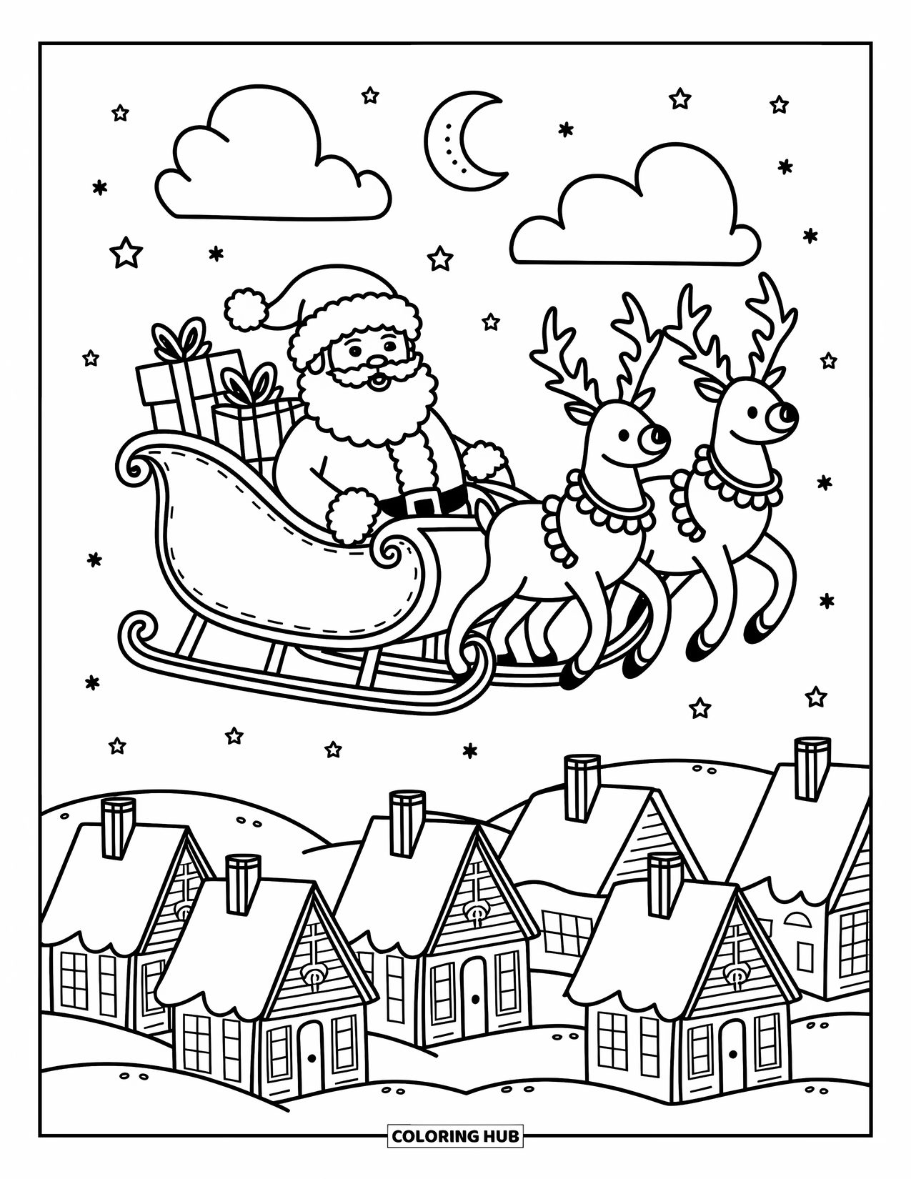 Santa And Reindeer Coloring Page for Adults: Santa rides a sleigh with two reindeer over a snowy, glowing village