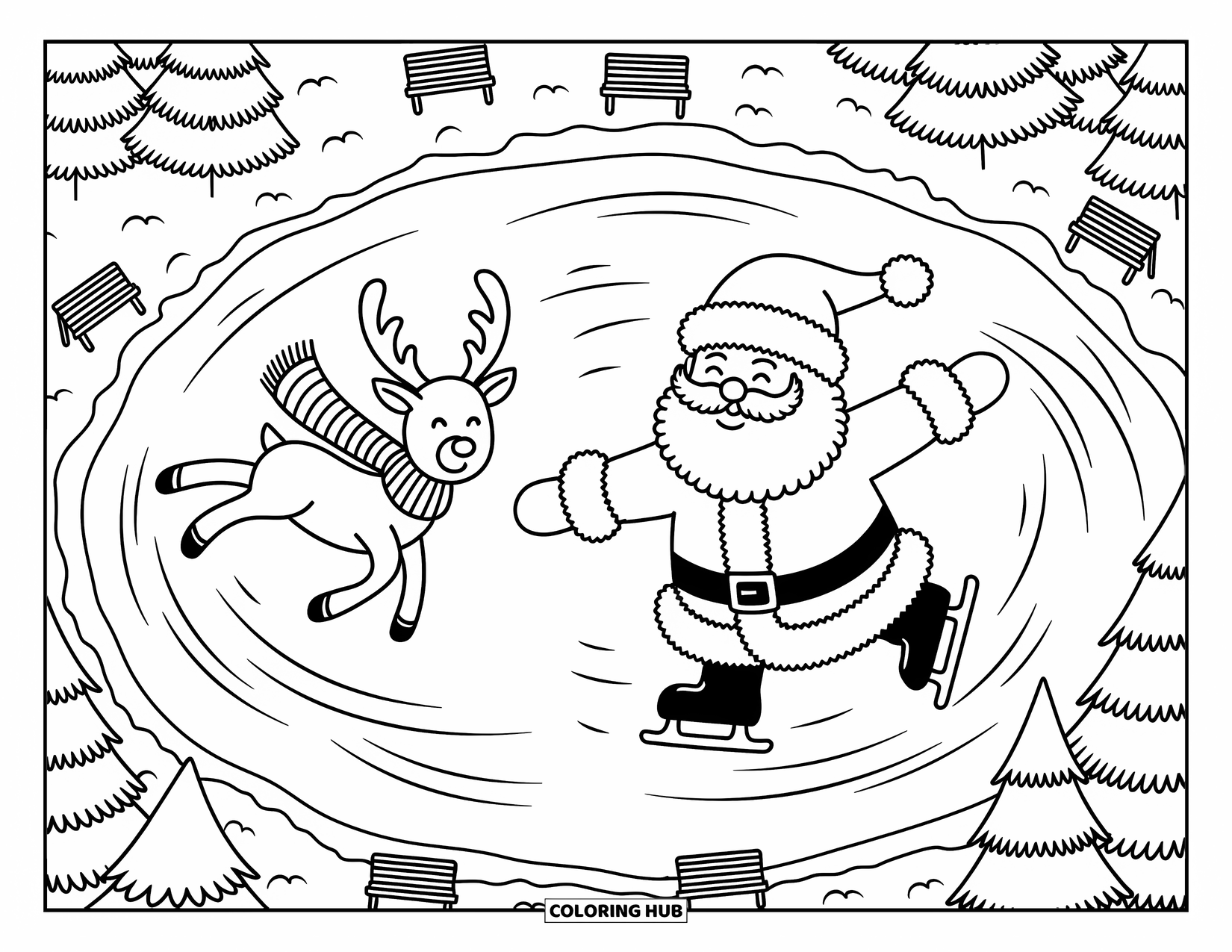Santa And Reindeer Coloring Page for Adults: Santa skates across the pond as a reindeer spins in the snowy forest