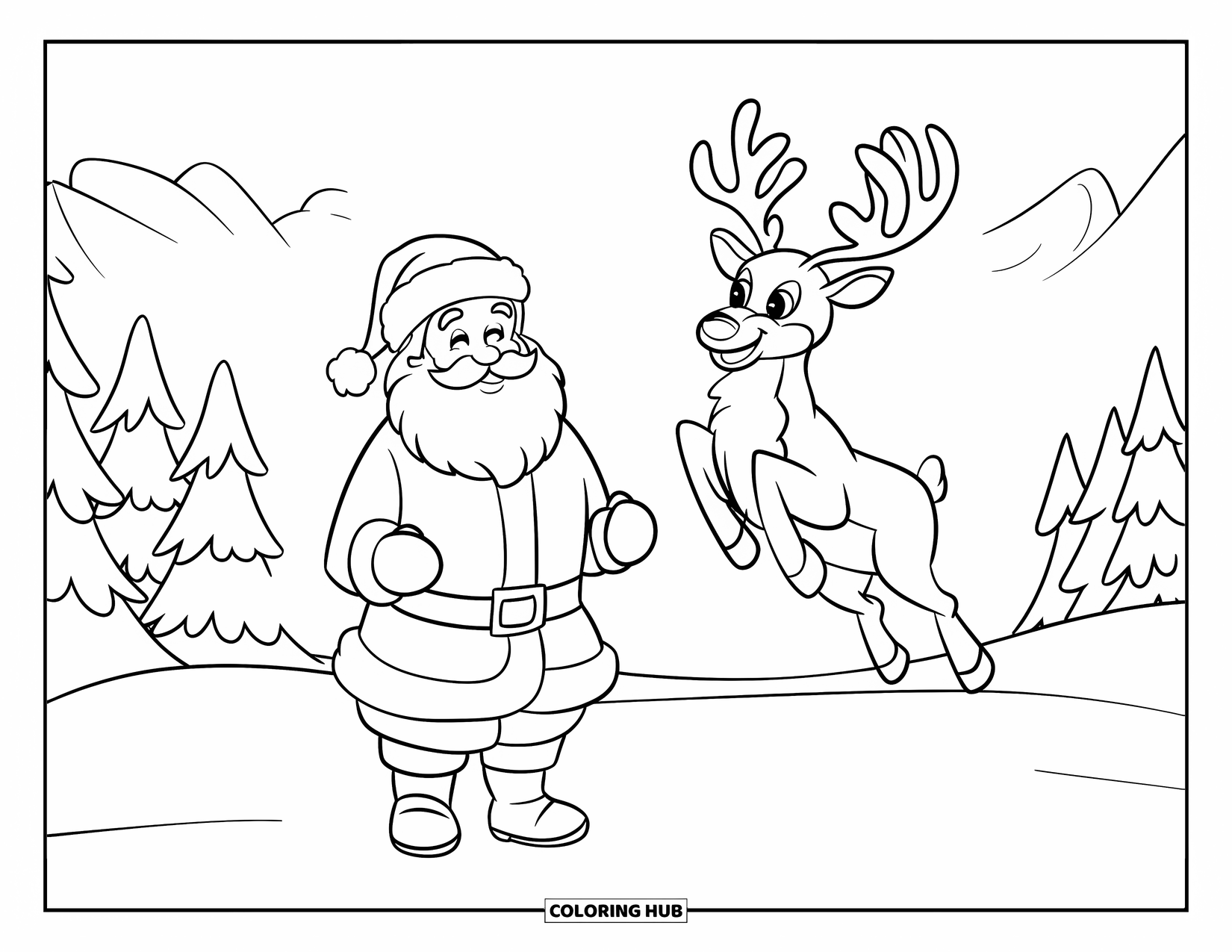 Santa And Reindeer Coloring Page for Kids: A reindeer leaps through the snow as Santa holds up a drawing