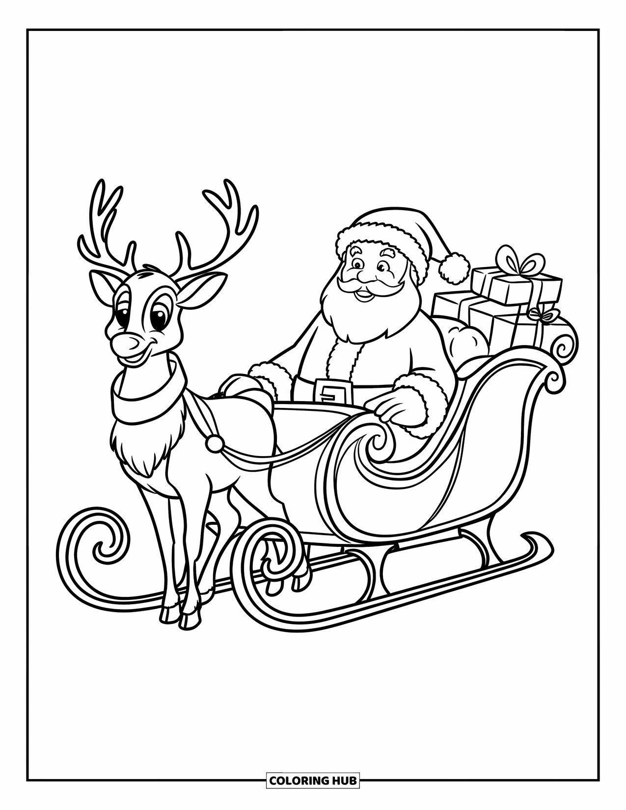 Santa And Reindeer Coloring Page for Kids: Santa and a reindeer pose by a sleigh filled with wrapped gifts