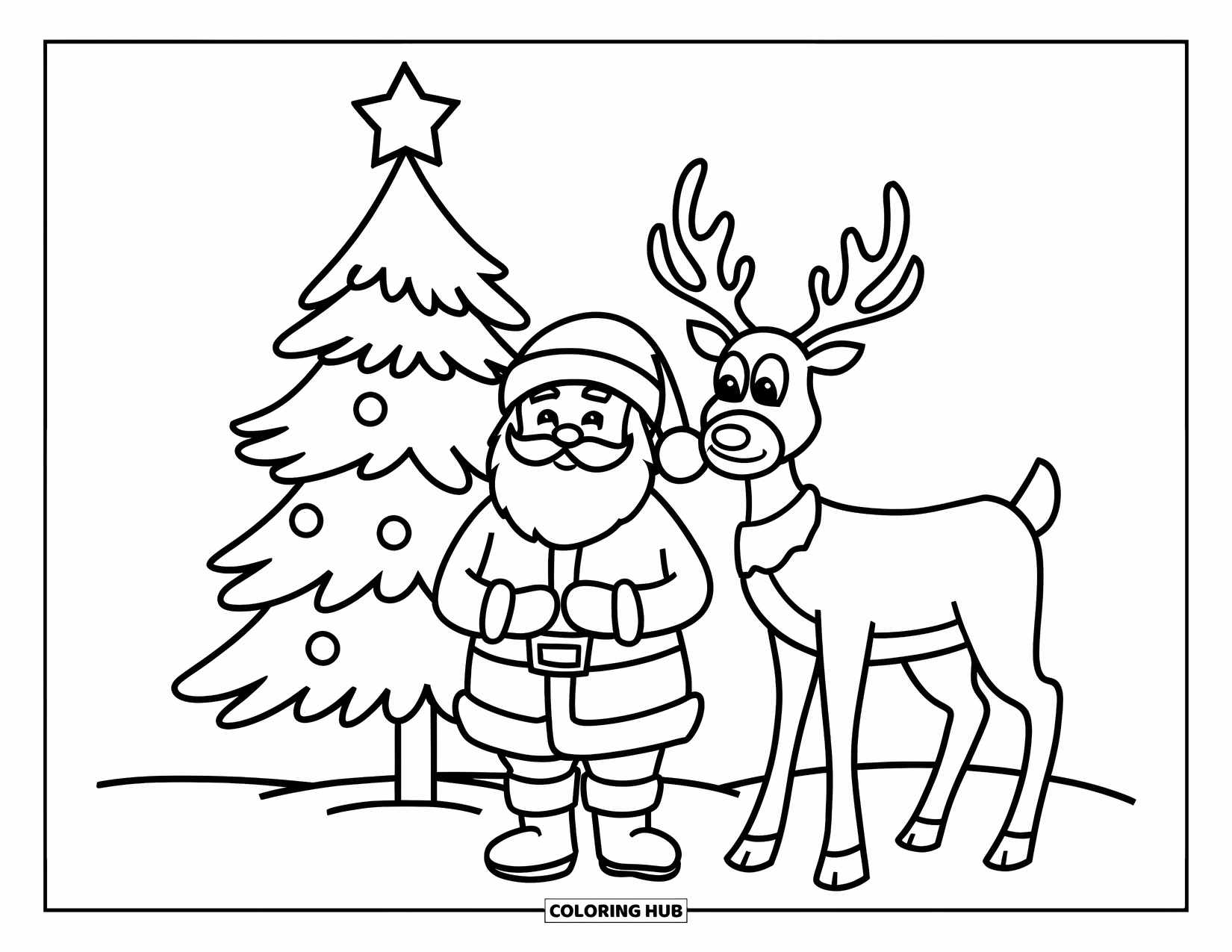 Santa And Reindeer Coloring Page for Kids: Santa and a reindeer stand beside a tree with ornaments in the snow