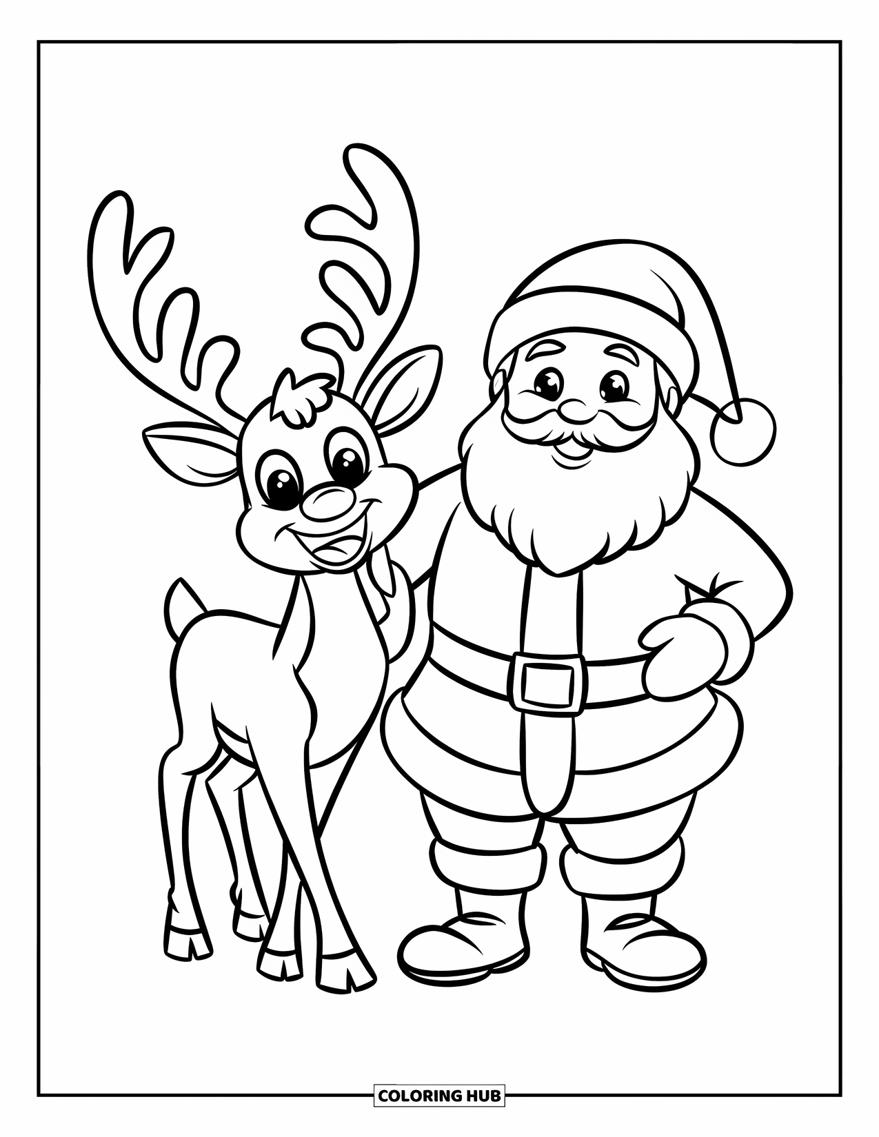 Santa And Reindeer Coloring Page for Kids: Santa and a reindeer wave happily in a simple winter scene