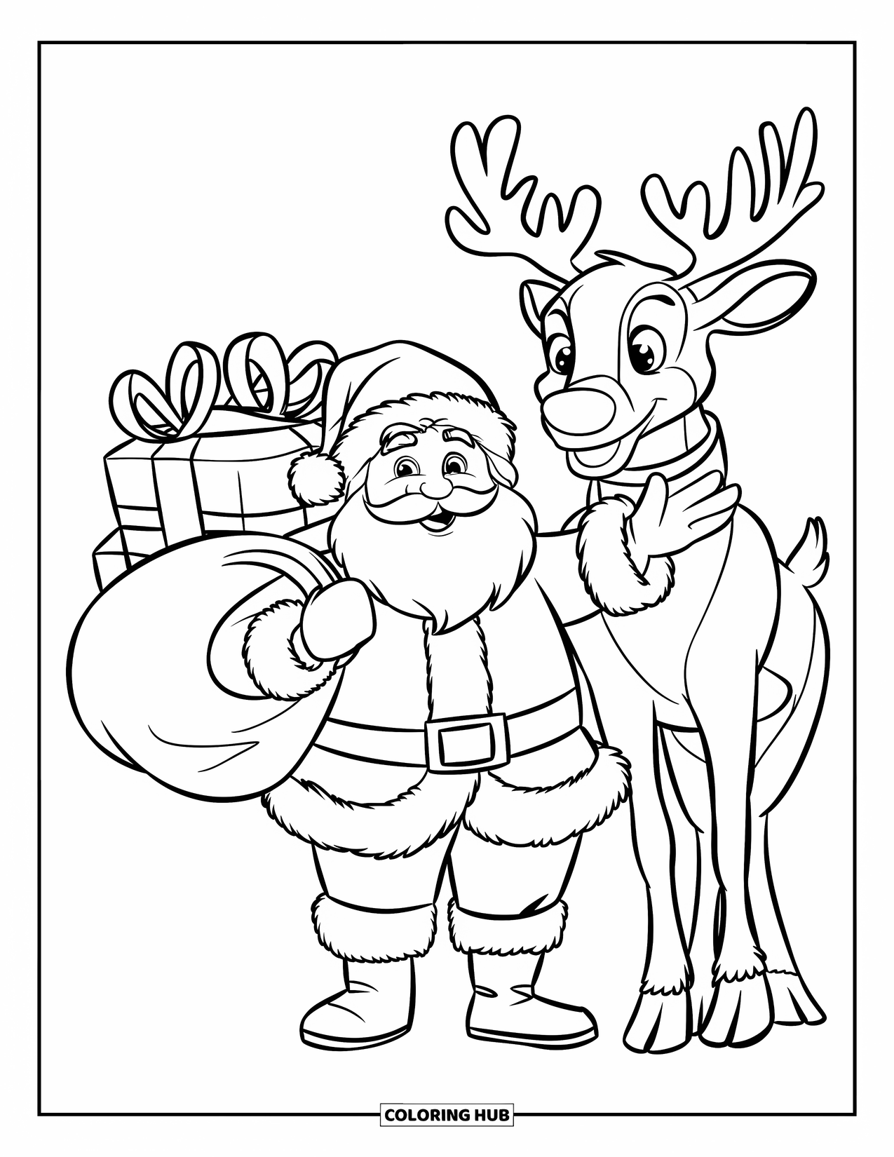 Santa And Reindeer Coloring Page for Kids: Santa and a reindeer wave with joyful smiles and playful charm