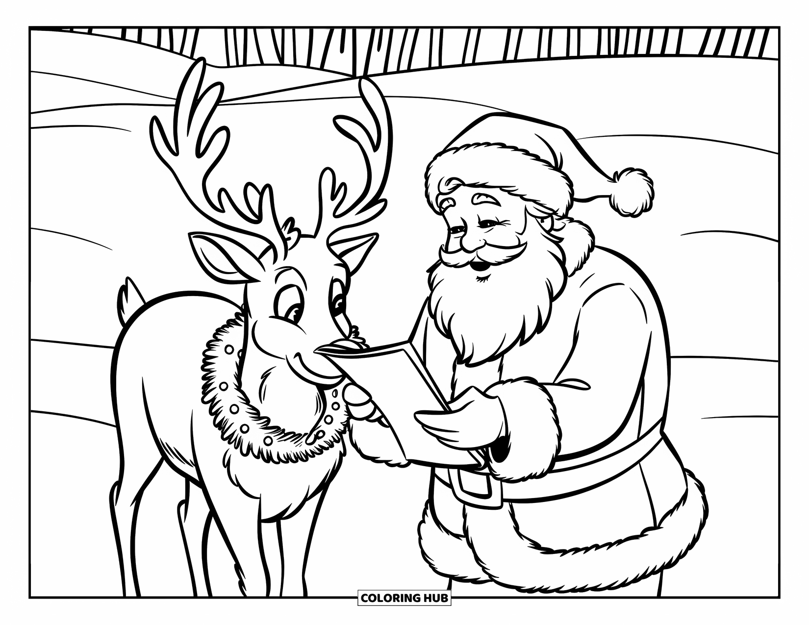 Santa And Reindeer Coloring Page for Kids: Santa and a wreath-wearing reindeer stand together checking a list