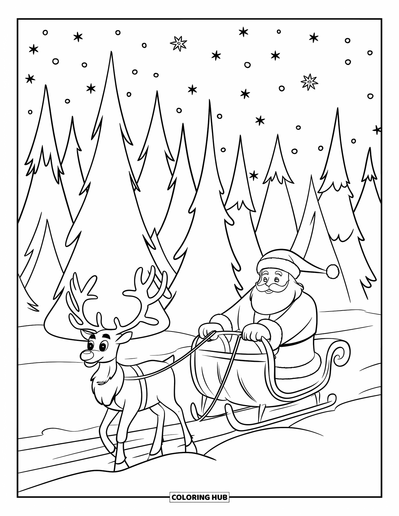 Santa And Reindeer Coloring Page for Kids: Santa and his reindeer explore a snowy forest filled with pine trees