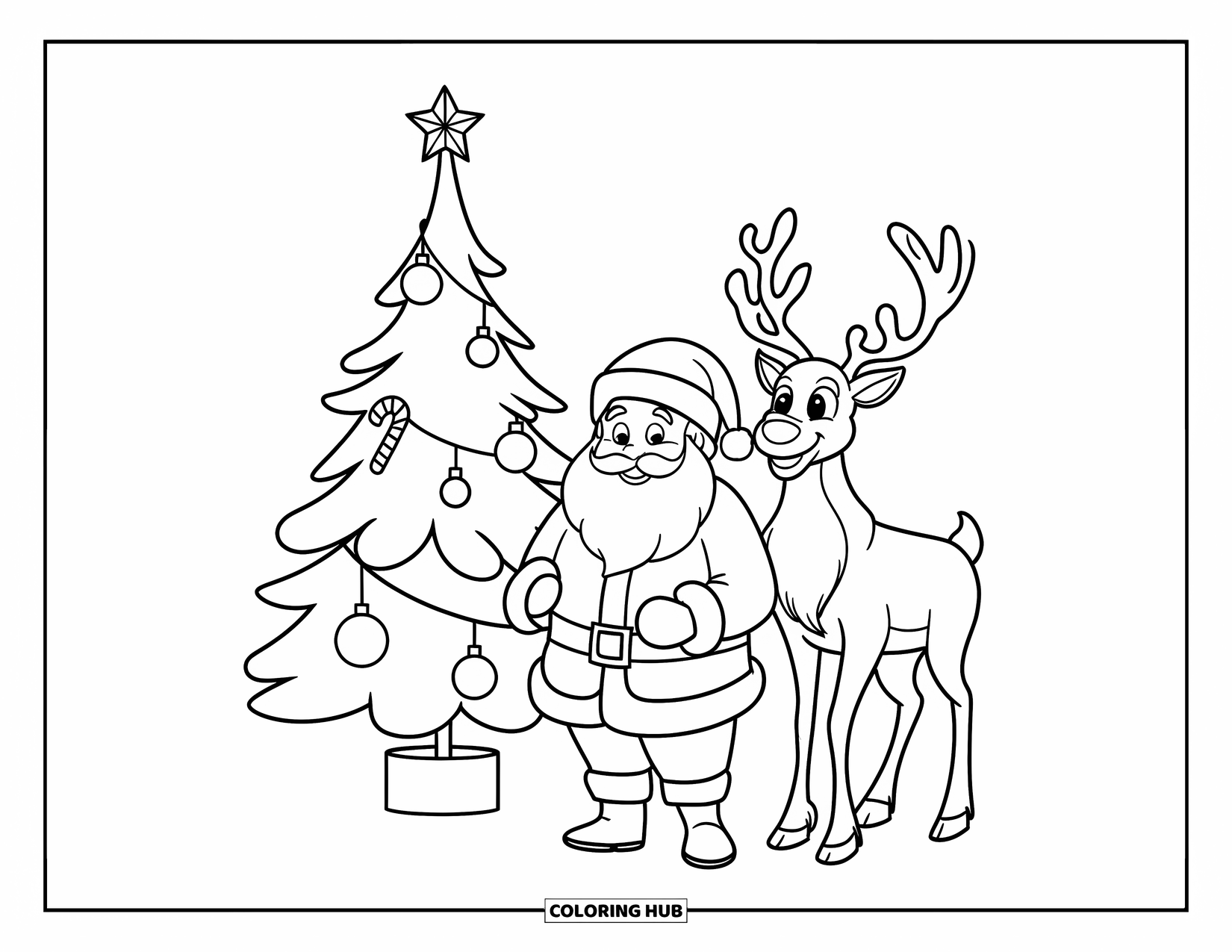 Santa And Reindeer Coloring Page for Kids: Santa and his reindeer stand beside a Christmas tree with a glowing star