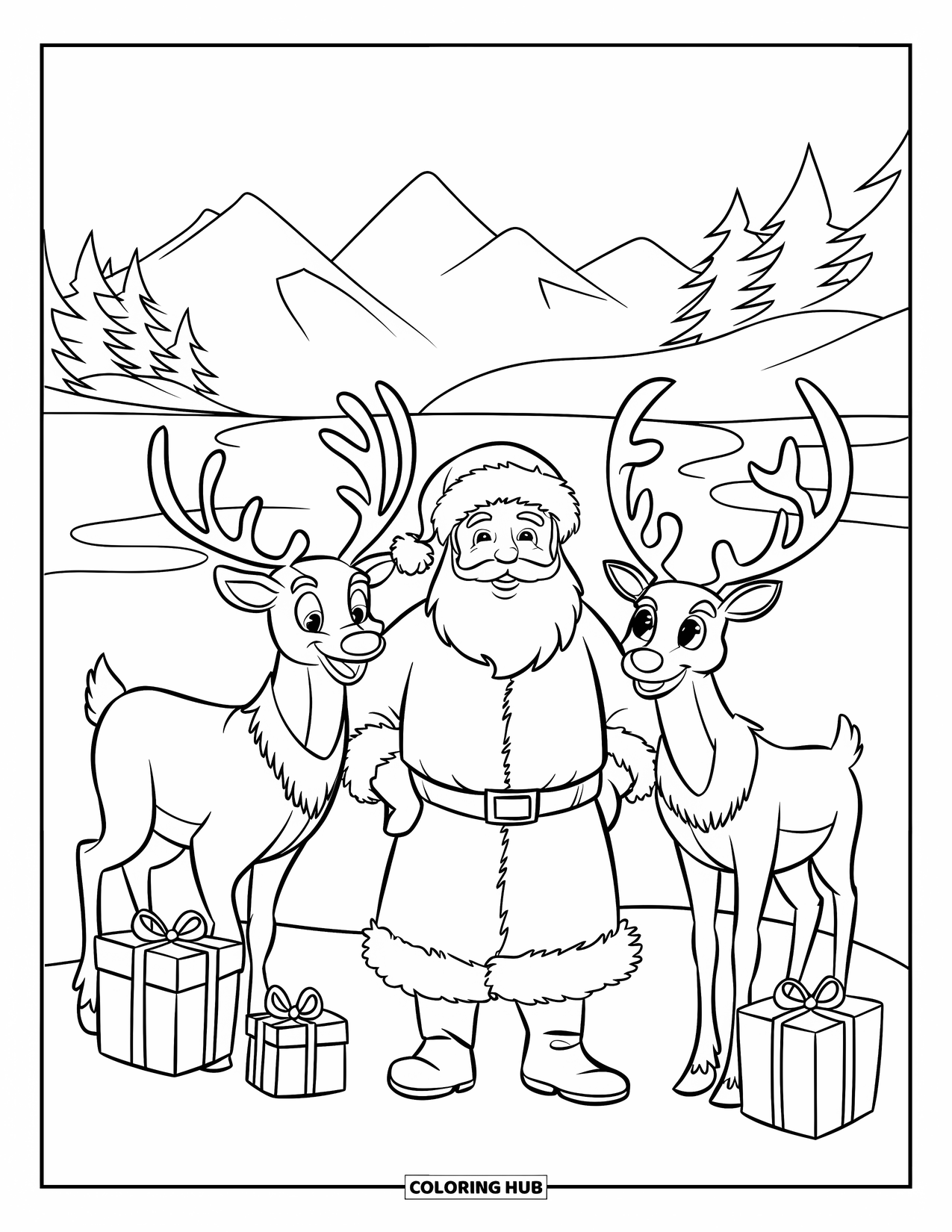 Santa And Reindeer Coloring Page for Kids: Santa and reindeer pause near a frozen lake with wrapped presents