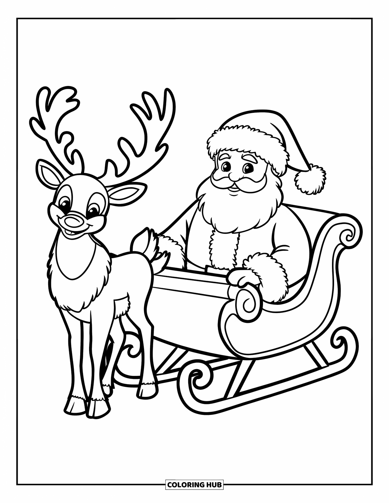 Santa And Reindeer Coloring Page for Kids: Santa and reindeer rest near a sleigh filled with presents