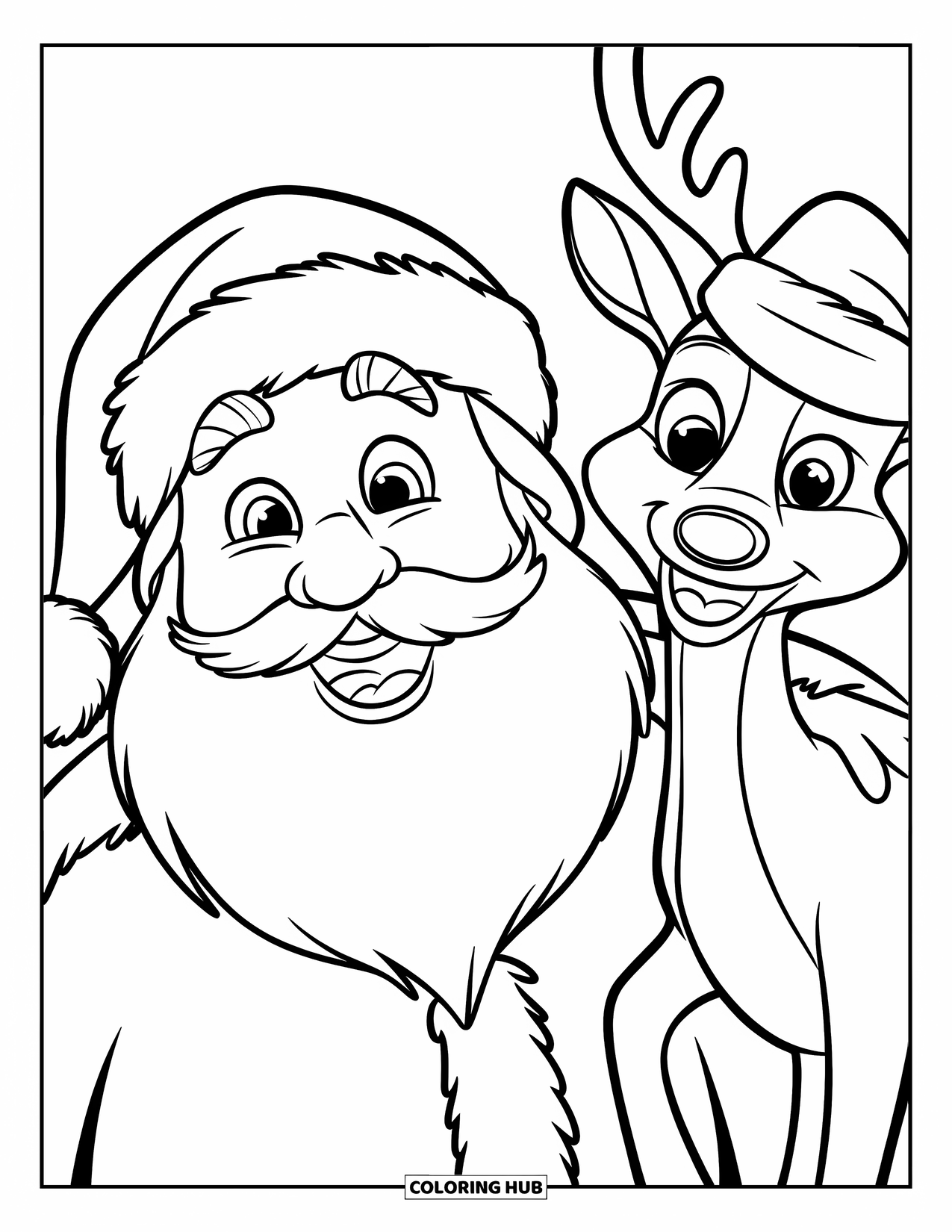 Santa And Reindeer Coloring Page for Kids: Santa and reindeer smile in matching hats with big happy faces