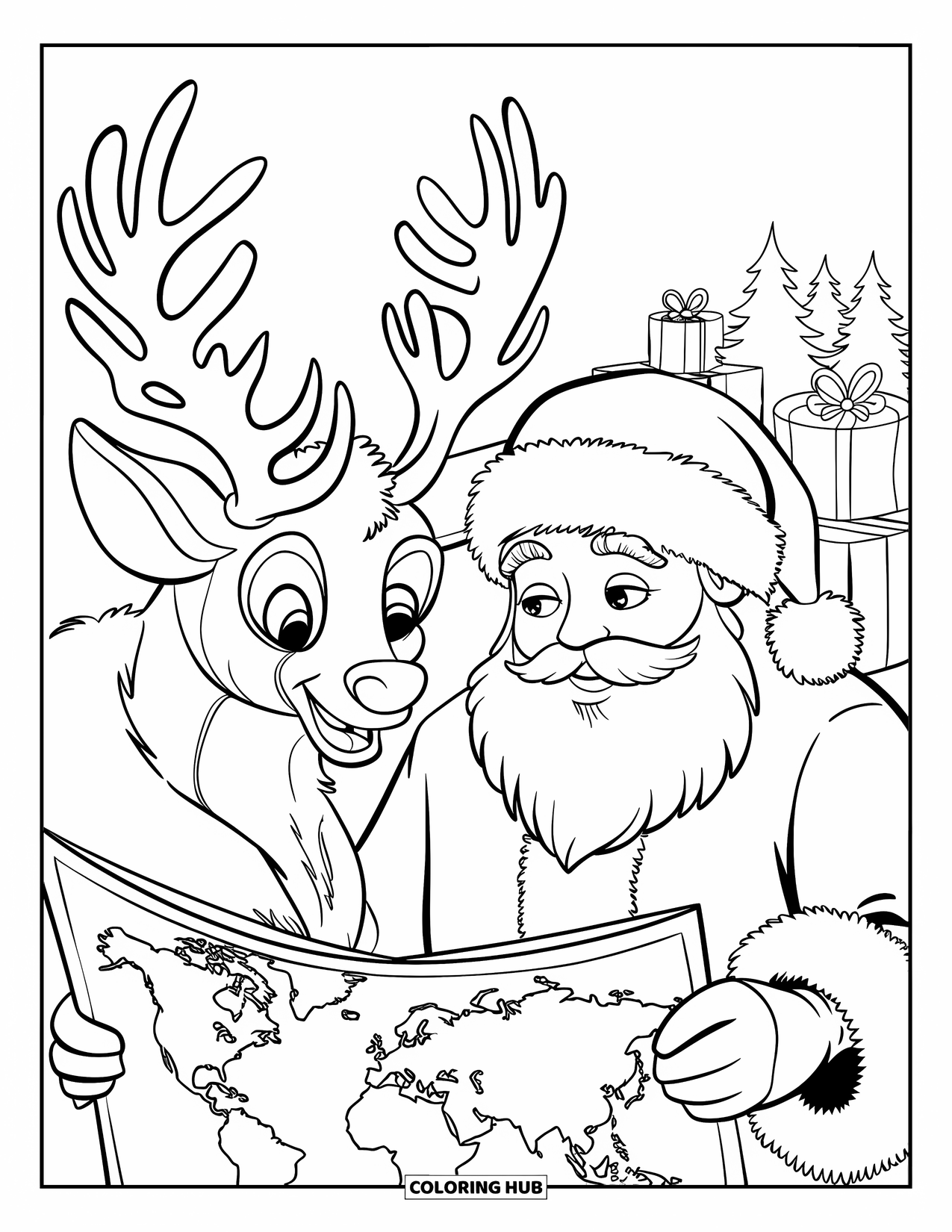 Santa And Reindeer Coloring Page for Kids: Santa checks a map near a reindeer surrounded by trees and presents