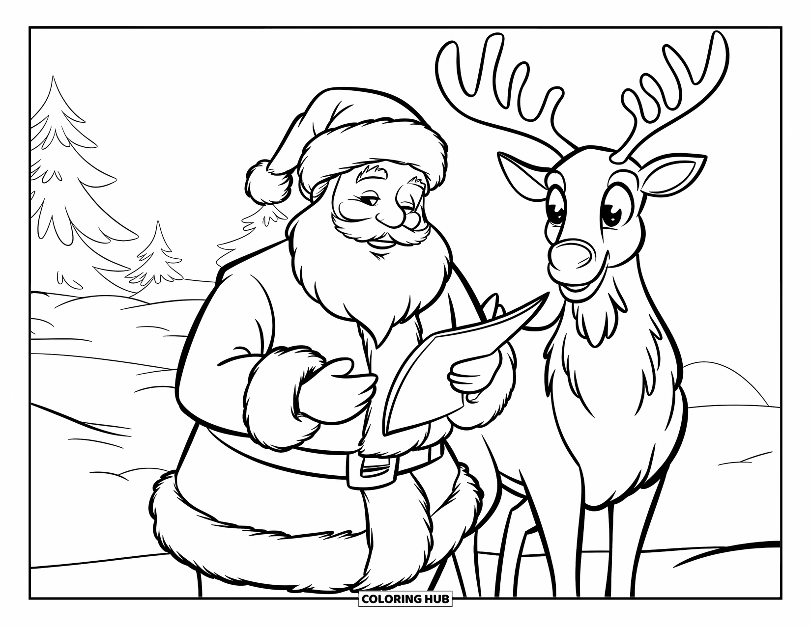 Santa And Reindeer Coloring Page for Kids: Santa checks his list beside a shiny-nosed reindeer in a snowy field