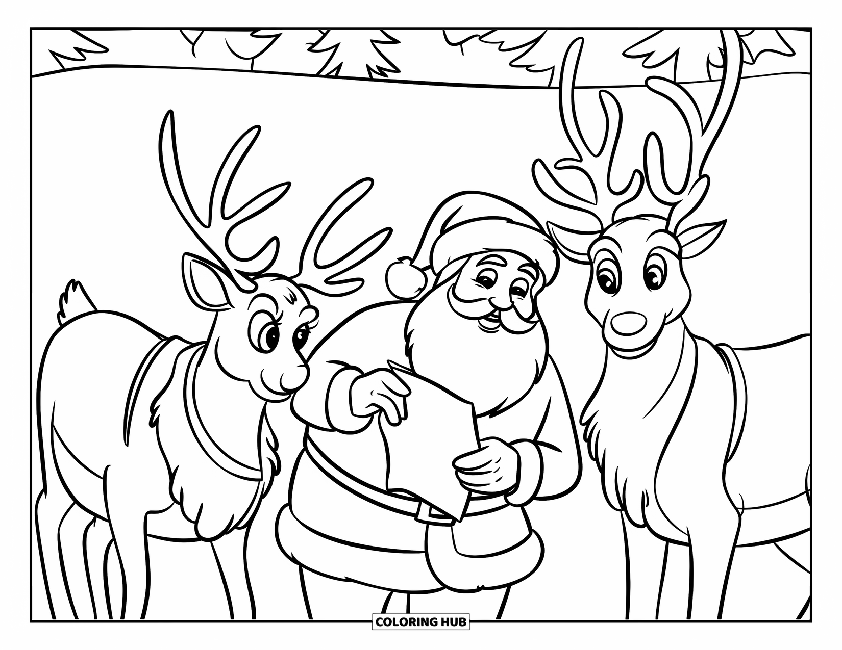 Santa And Reindeer Coloring Page for Kids: Santa checks his list while standing next to his reindeer in the snow