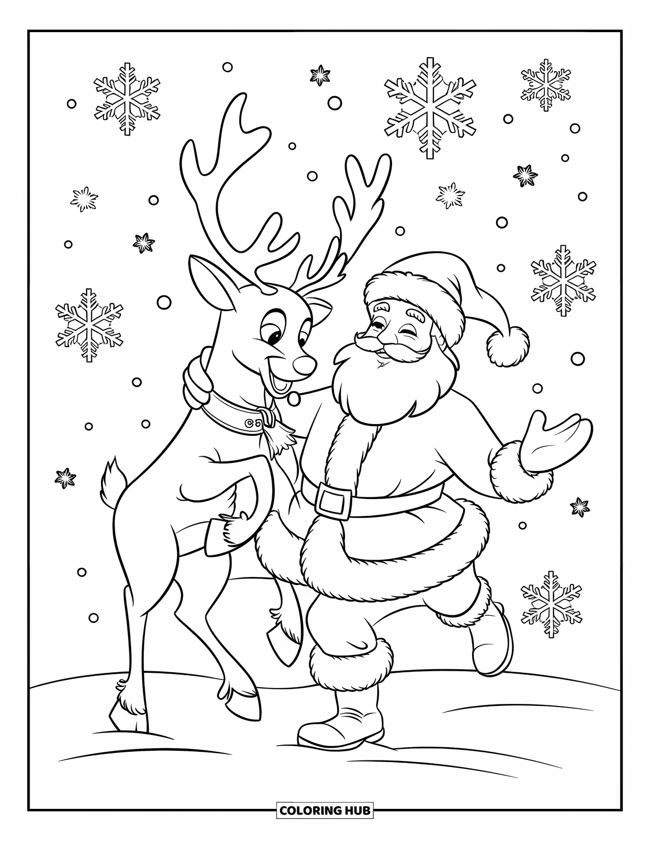 Santa And Reindeer Coloring Page for Kids: Santa dances with a reindeer wearing a bell as snowflakes fall