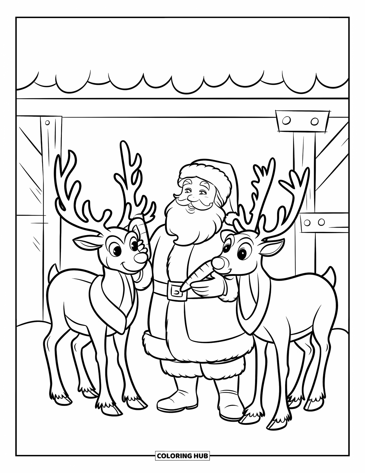 Santa And Reindeer Coloring Page for Kids: Santa feeds reindeer beside a cozy stable on snowy ground