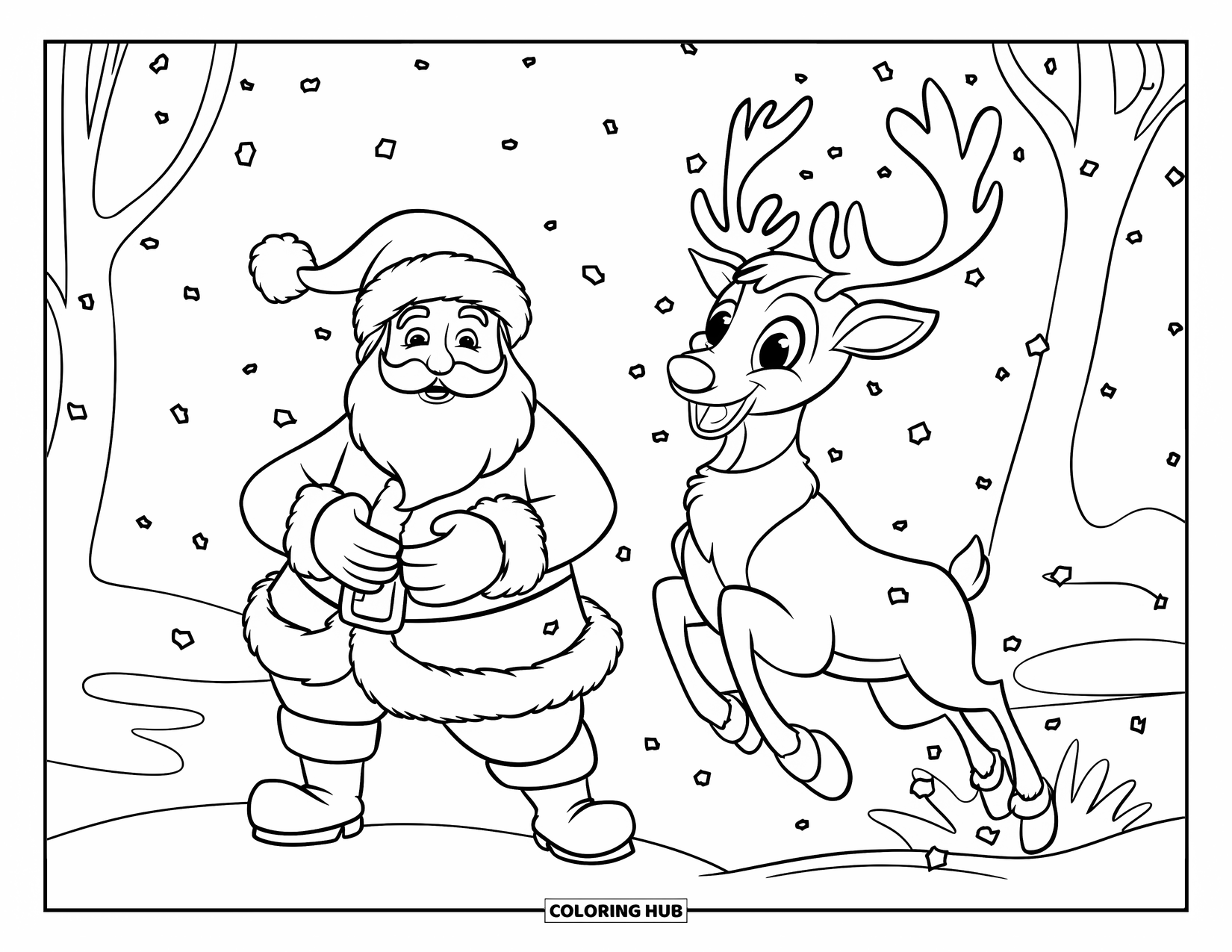 Santa And Reindeer Coloring Page for Kids: Santa holds a drawing while a reindeer jumps through a snowy storm