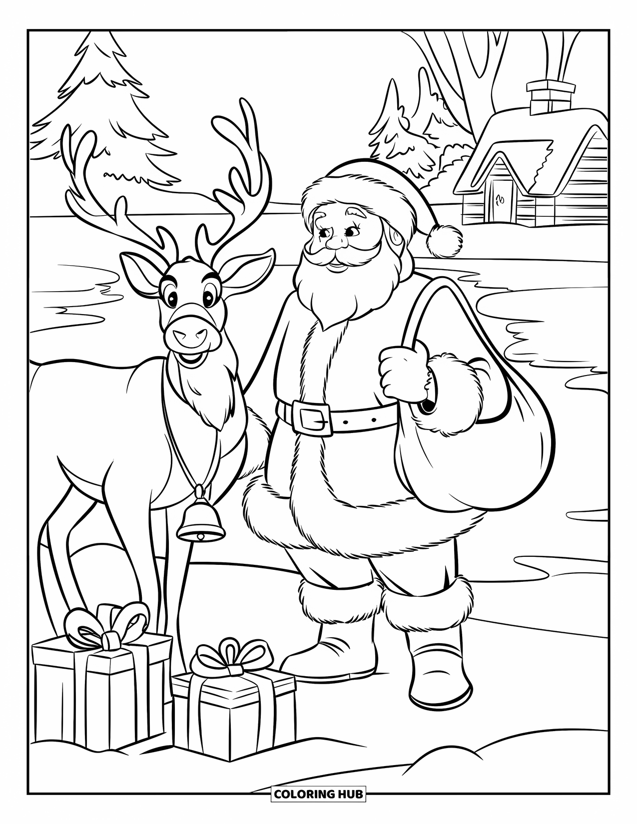 Santa And Reindeer Coloring Page for Kids: Santa holds gifts near a reindeer at a frozen lake with trees behind