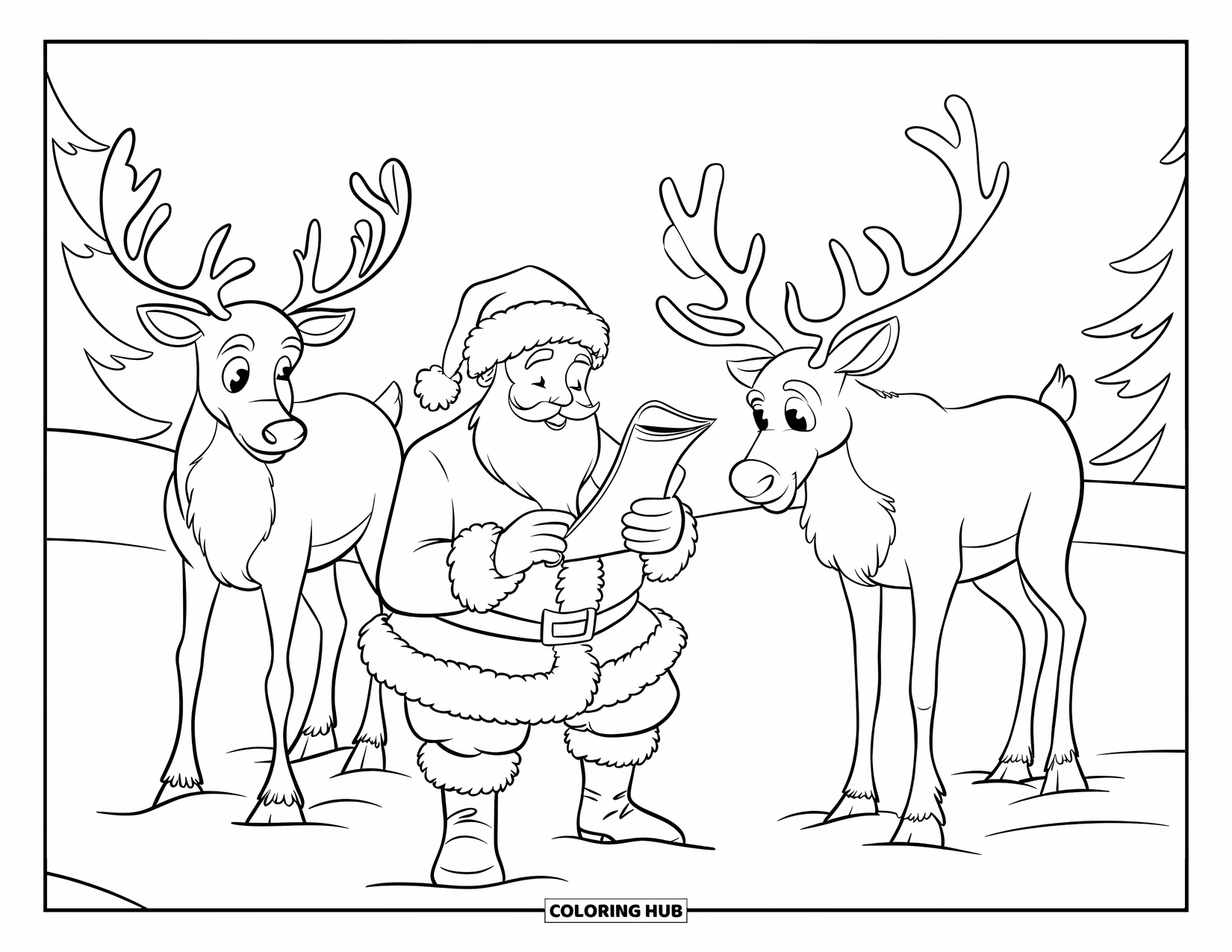 Santa And Reindeer Coloring Page for Kids: Santa reviews his list with reindeer in a snowy field