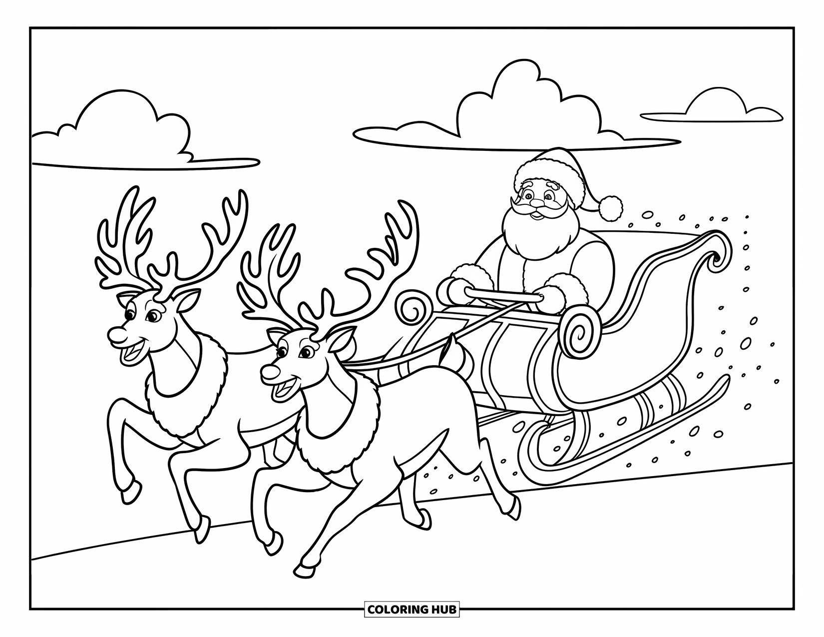 Santa And Reindeer Coloring Page for Kids: Santa rides a sleigh through a snowstorm with reindeer and puffy clouds above