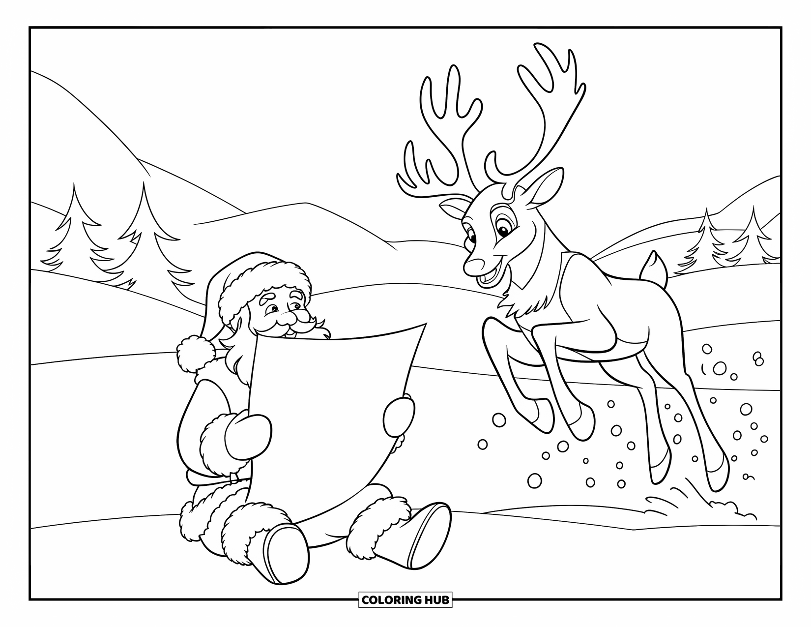 Santa And Reindeer Coloring Page for Kids: Santa sits in the snow holding a page as a reindeer jumps nearby