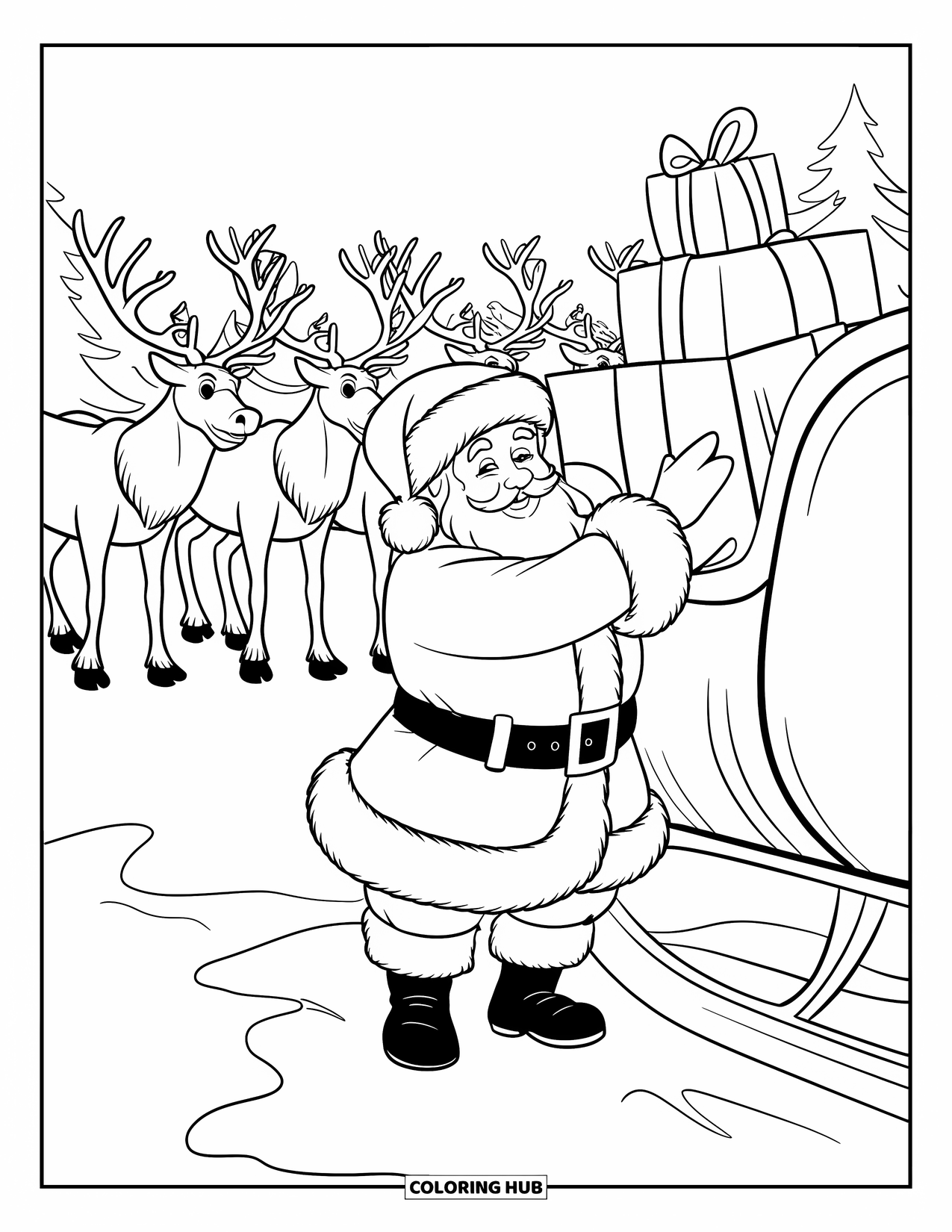 Santa And Reindeer Coloring Page for Kids: Santa stands beside a sleigh and reindeer on a snowy hill